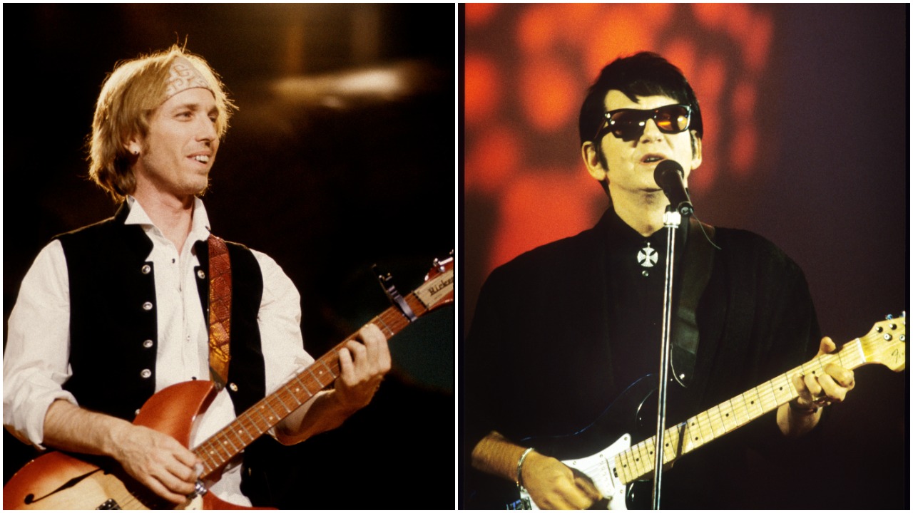 Tom Petty wears a bandana around his forehead and plays guitar. Roy Orbison wears sunglasses, plays guitar, and sings into a microphone.