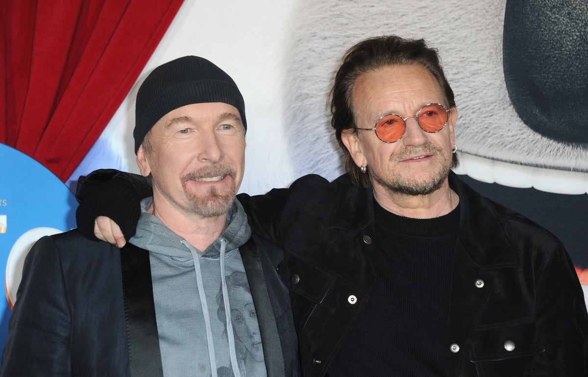 U2 members Bono and The Edge, who just played a surprise set in a Kyiv bomb shelter, attend the premiere of 'Sing 2' in LA.