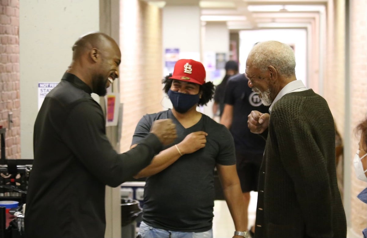 Vernon Davis and Morgan Freeman on the set of the film 'Muti'