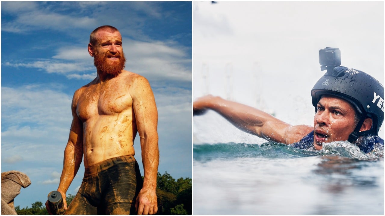 Wes Bergmann covered in mud, standing and looking off-camera; Yes Duffy swimming during a challenge