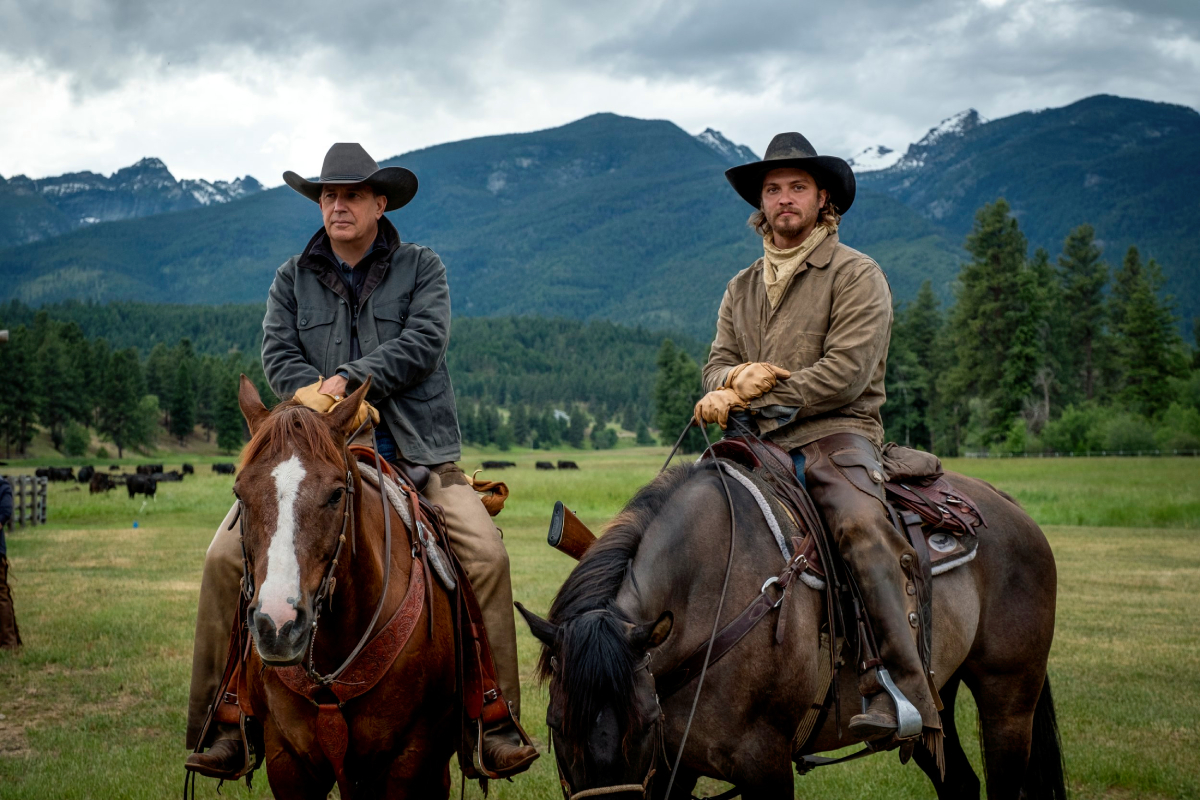 Yellowstone season 5 stars Kevin Costner and Luke Grimes in character as John Dutton and Kayce Dutton