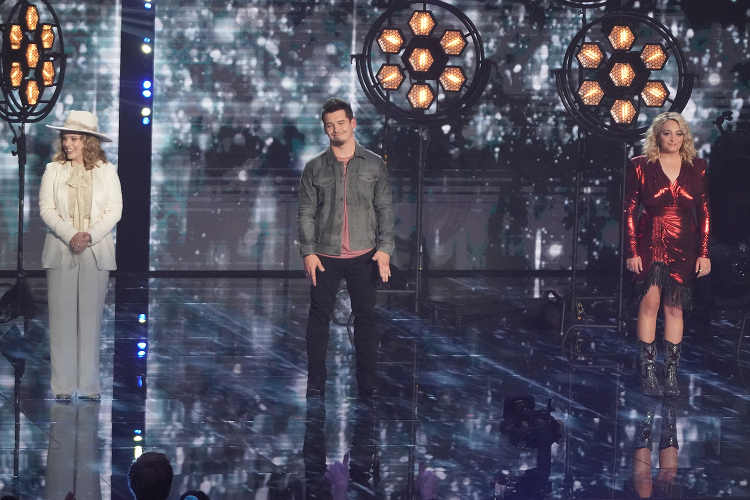 Leah Marlene, Noah Thompson, and HunterGirl on American Idol 2022 before the winner was announced.