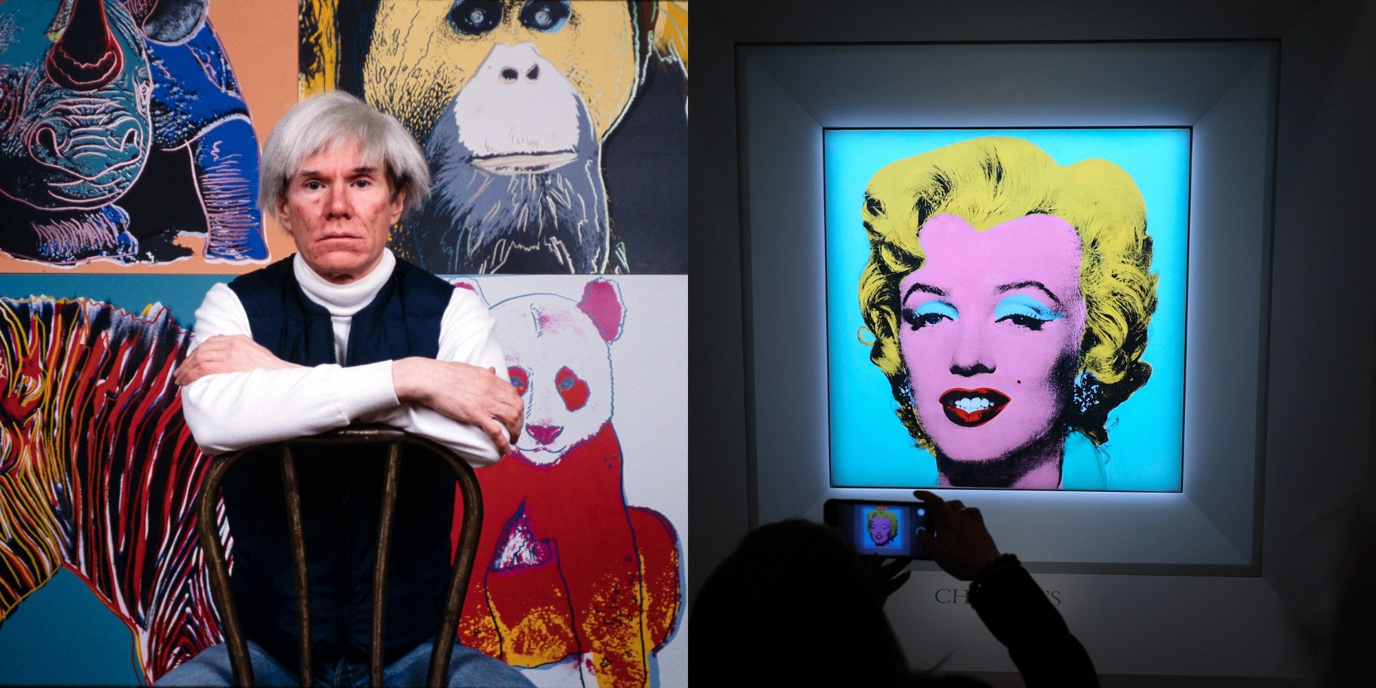 Side by side photographs of Andy Warhol and his Marilyn Monroe painting.