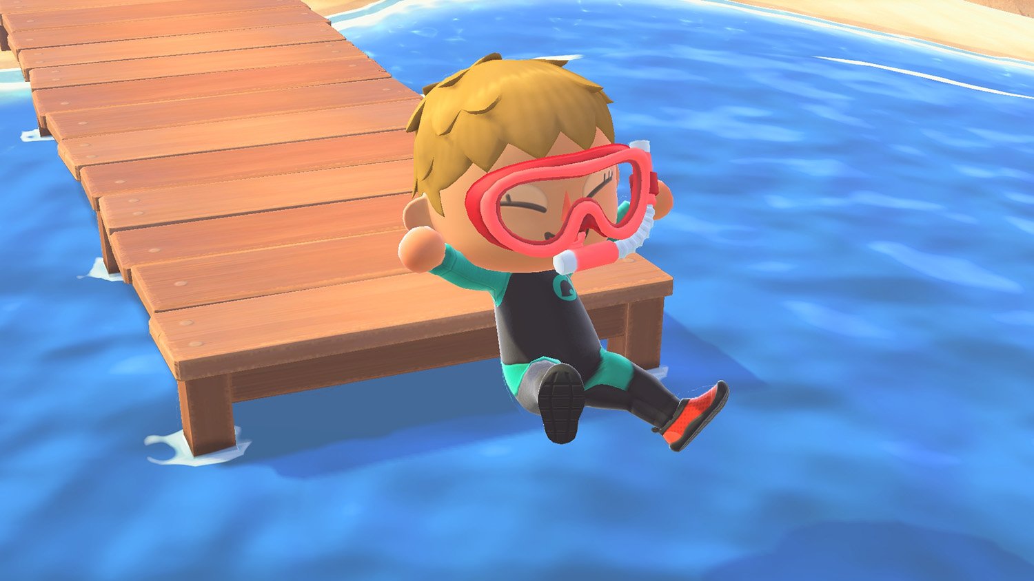 Animal Crossing: New Horizons character jumps into the ocean as part of a June update