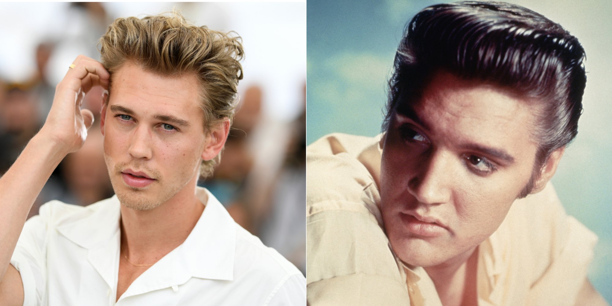 'Elvis' star Austin Butler and Elvis Presley in a side by side set of photographs.