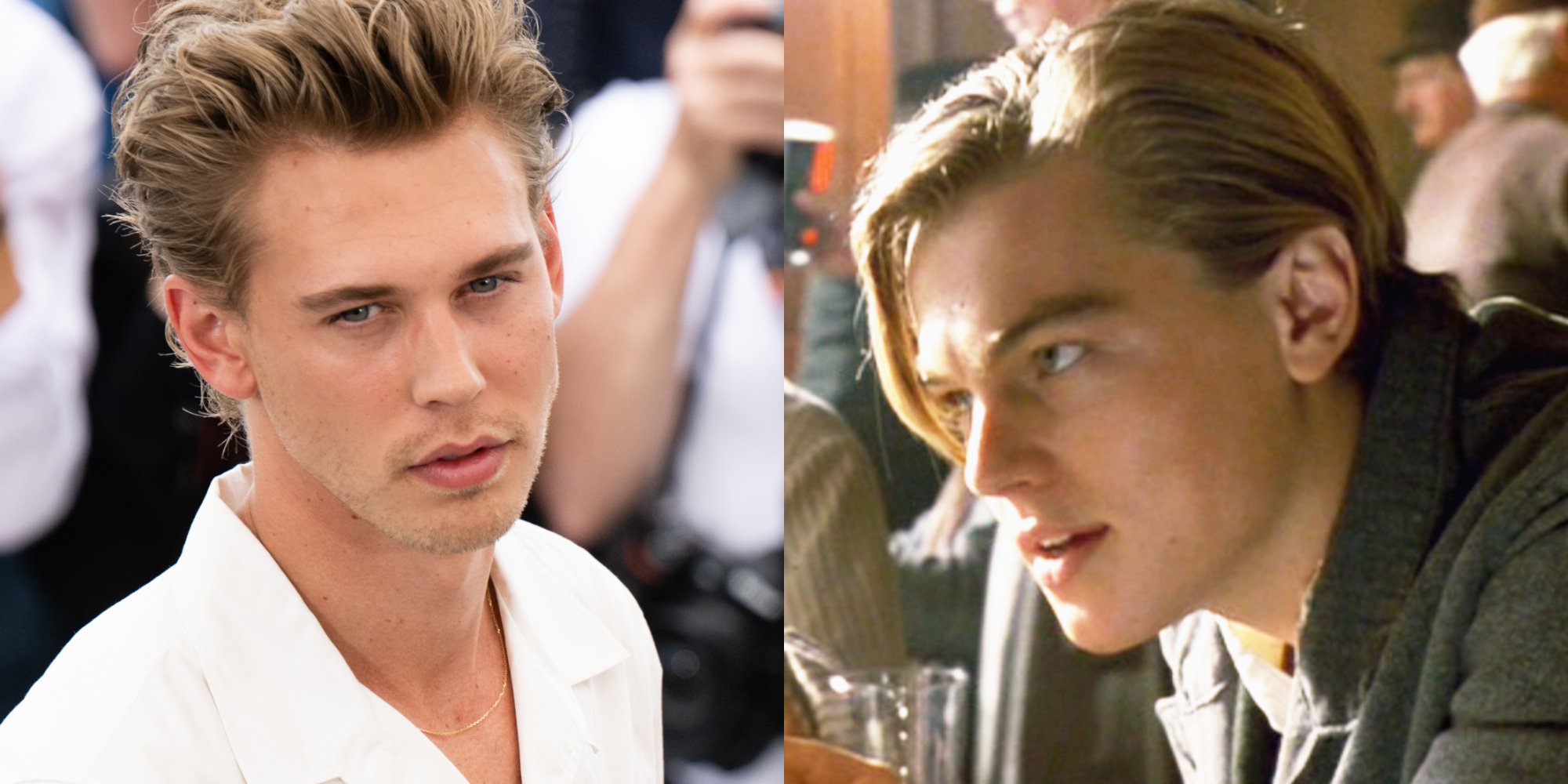 'Elvis' star Austin Butler and Leonardo DiCaprio in a set of side-by-side photographs.