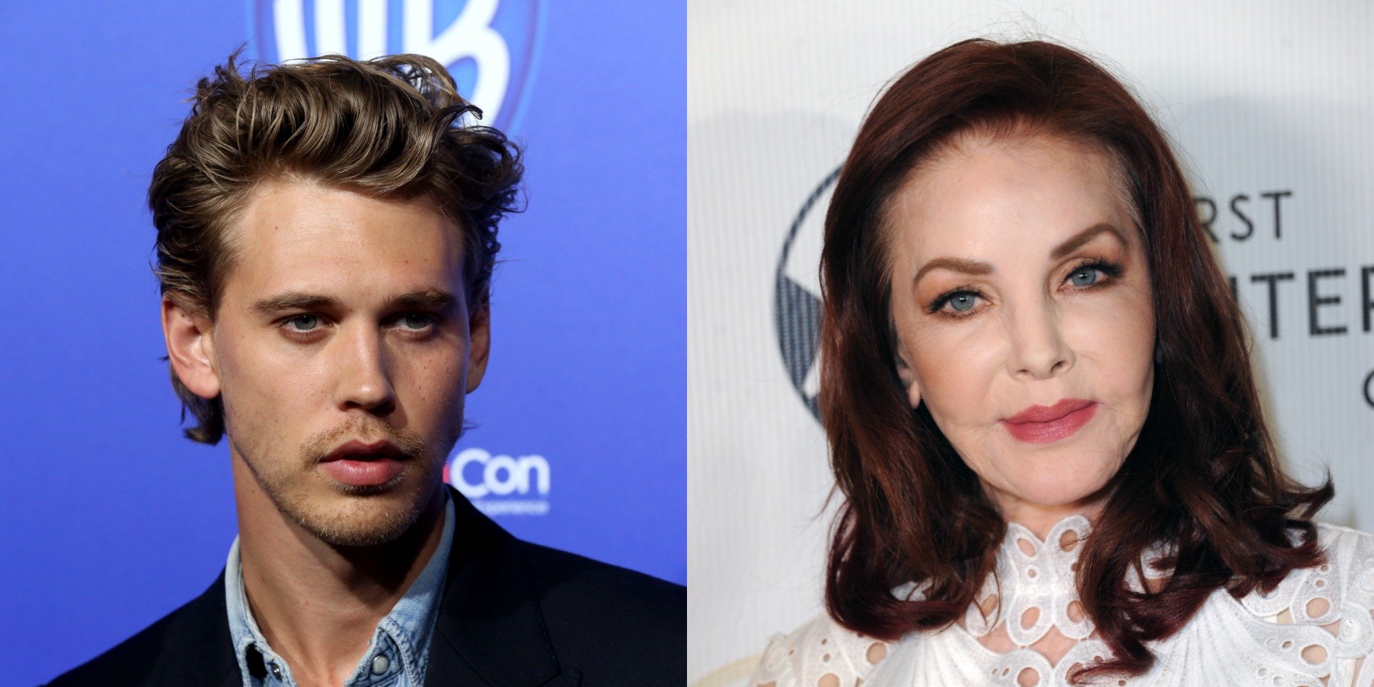 Austin Butler and Priscilla Presley in a set of side by side photographs.