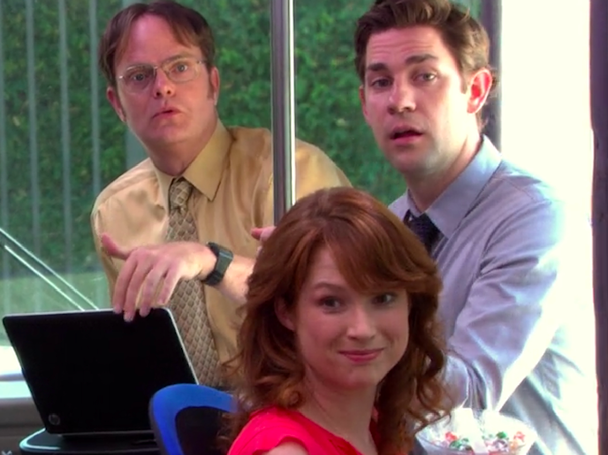 Dwight (Rainn Wilson), Jim (John Krasinski), and Erin (Ellie Kemper) in 'The Office' Season 9 episode 'Work Bus'