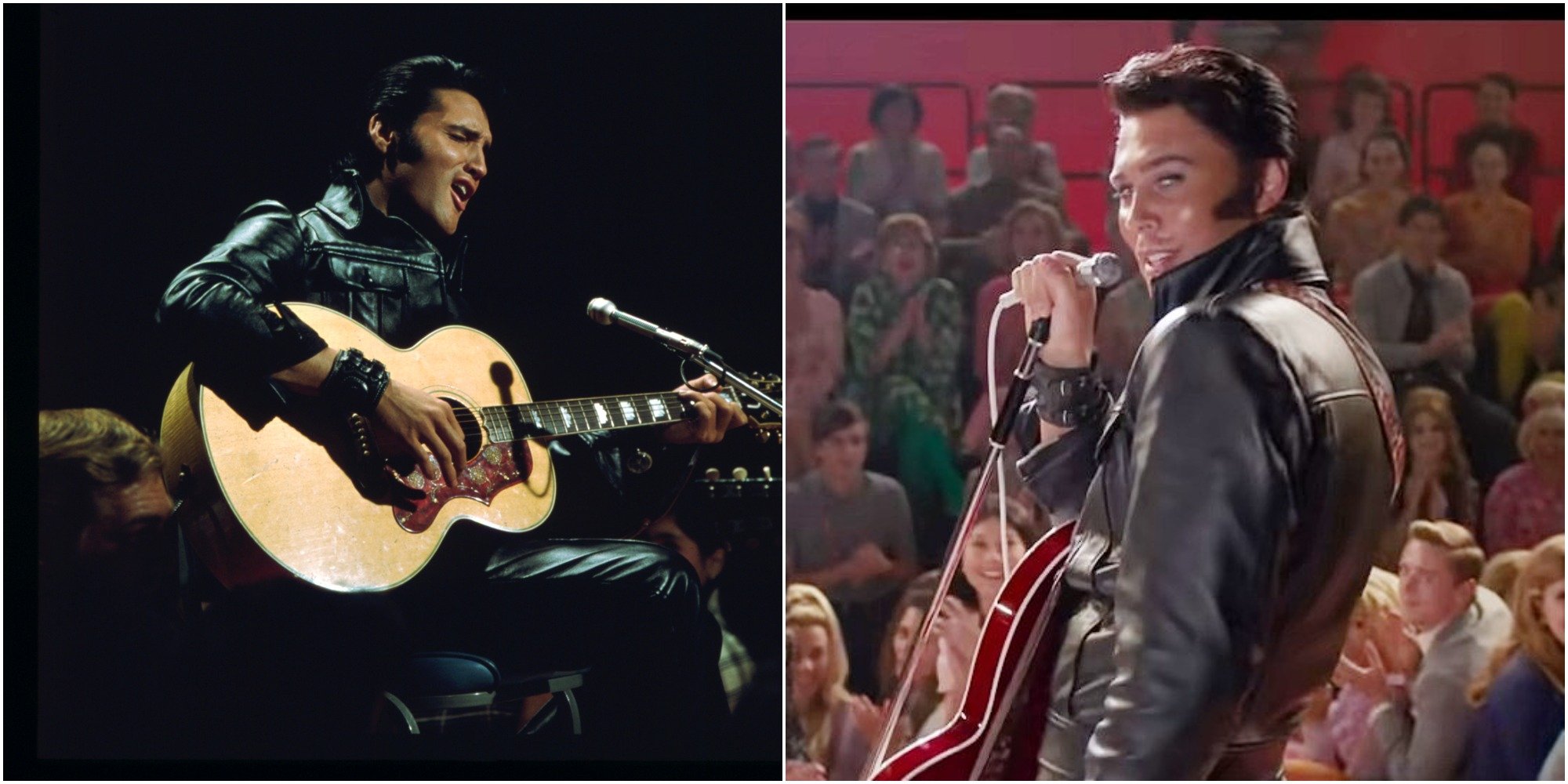 Elvis Presley and Austin Butler in side by side photographs.