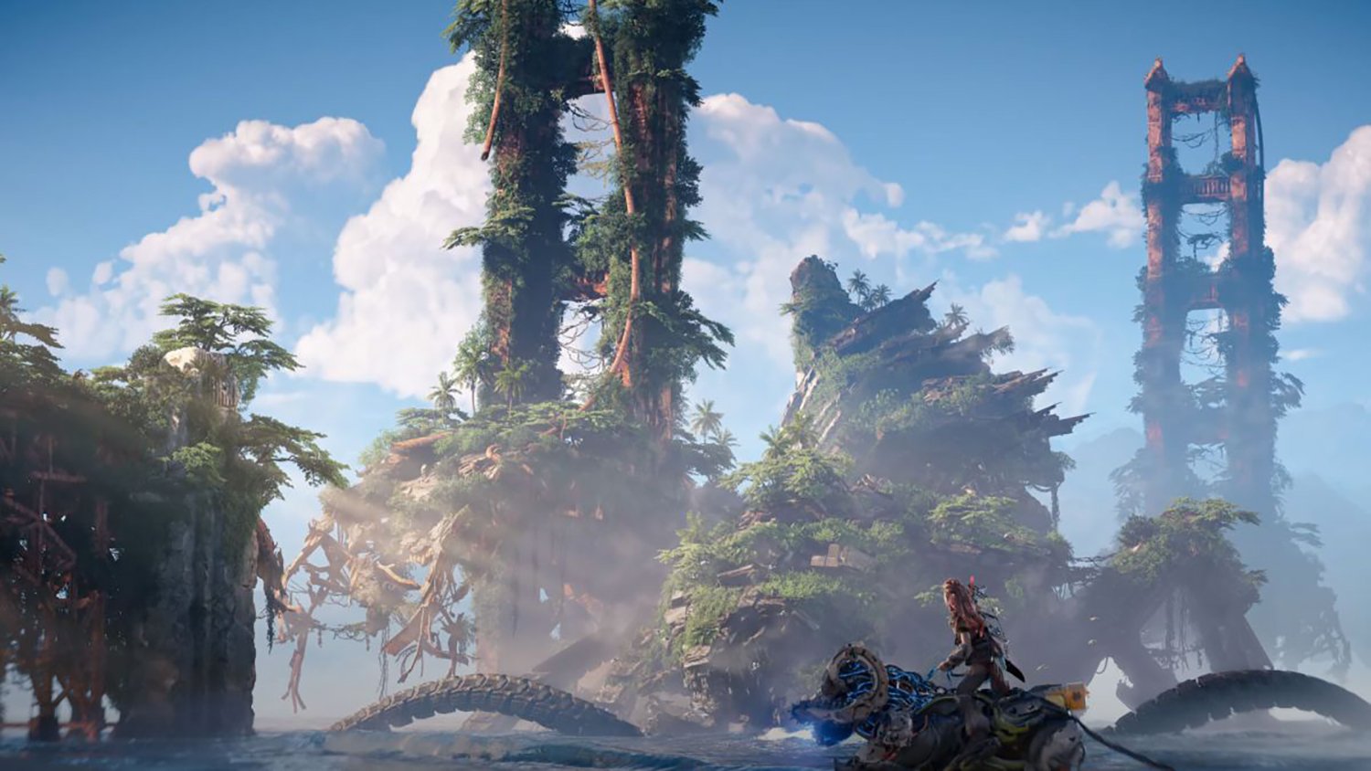 Aloy rides a horse past a cityscape in Horizon Forbidden West, which is one of several games getting TV shows