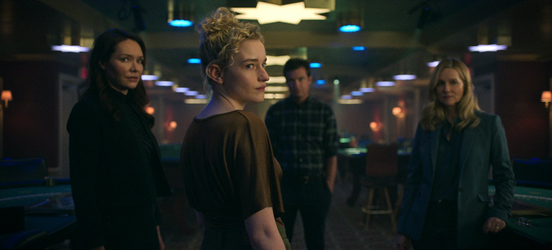 Katrina Lenk as Clare Shaw, Julia Garner as Ruth Langmore, Jason Bateman as Martin 'Marty' Byrde, Laura Linney as Wendy Byrde in the first half of 'Ozark's final season on Netflix