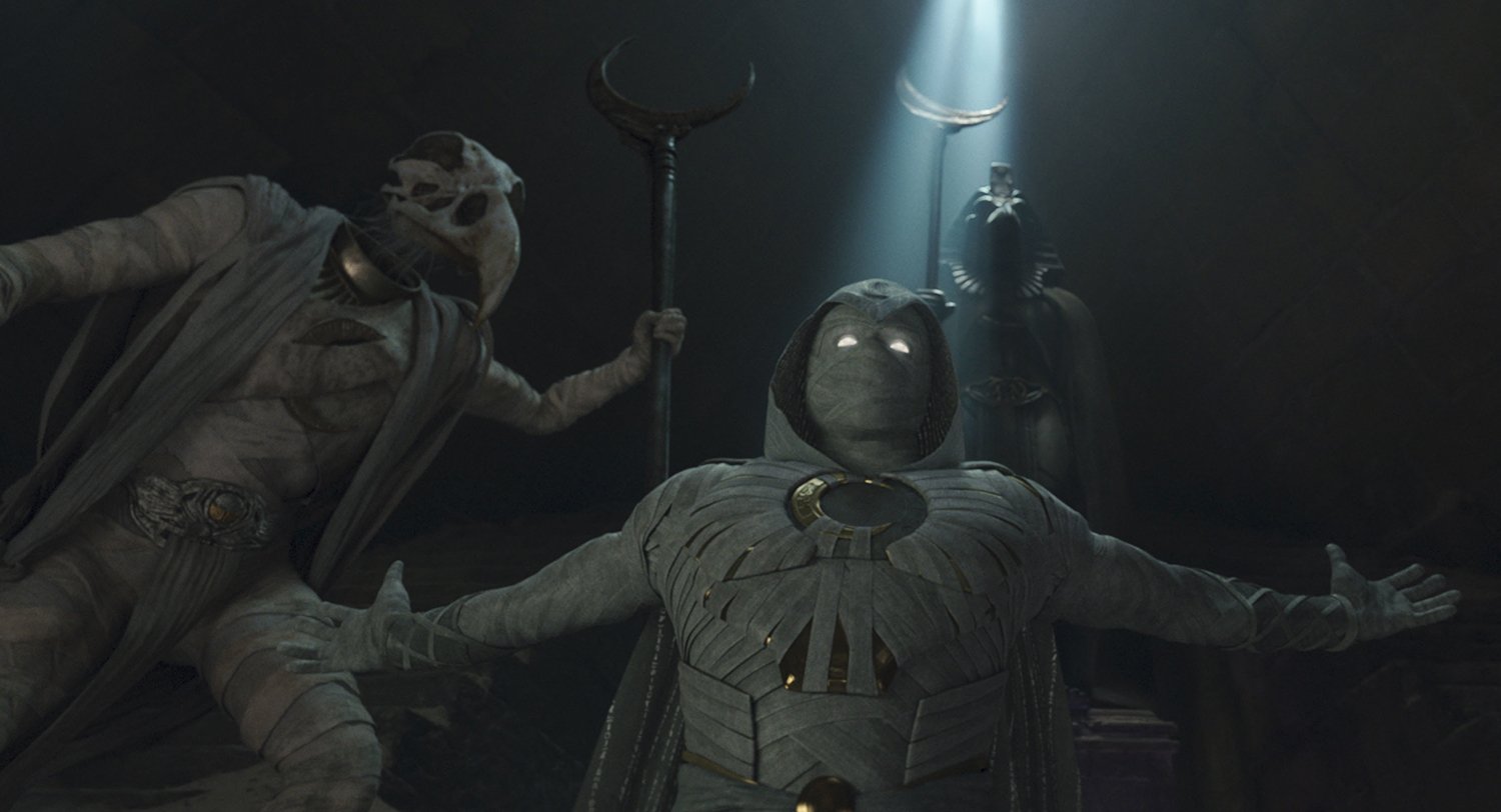 Khonshu (voiced by F. Murray Abraham) and Oscar Isaac as Moon Knight in Marvel's Moon Knight, which might get a season 2.