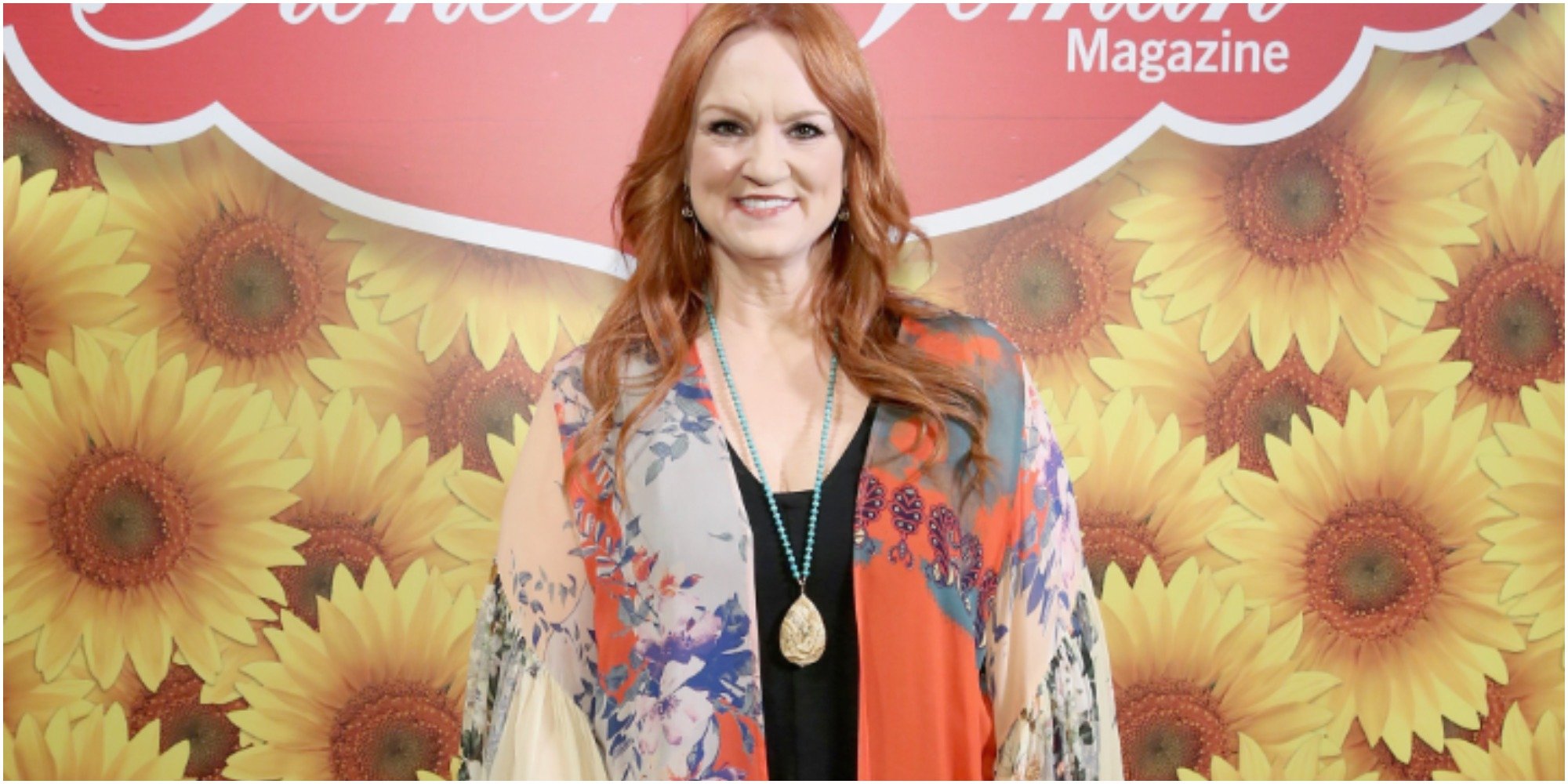 'The Pioneer Woman' star Ree Drummond poses in front of a patterened wall for her Pioneer Woman Magazine launch.