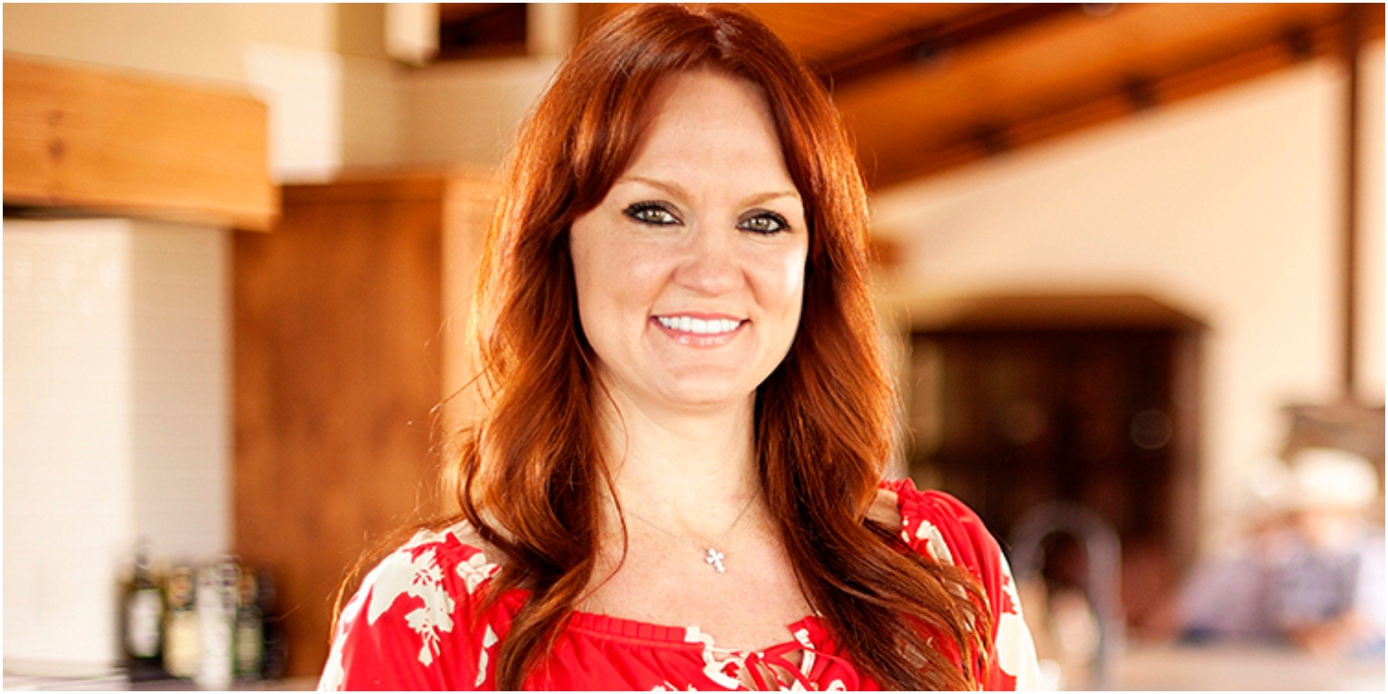 Ree Drummond wears a red blouse on the set of her Food Network Show 'The Pioneer Woman.'