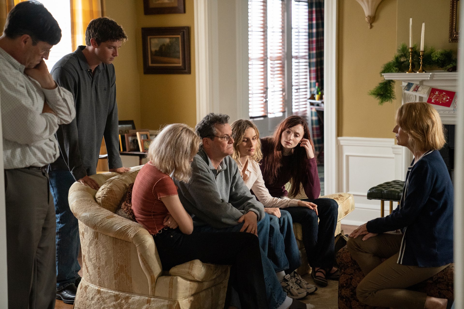 Michael Peterson's brother (Tim Guinee) with kids Todd (Patrick Schwarzenegger, Martha (Odessa Young), Caitlin (Olivia DeJonge), Michael (Colin Firth), Margaret (Sophie Turner), and Candace Zamperini (Rosemarie DeWitt)