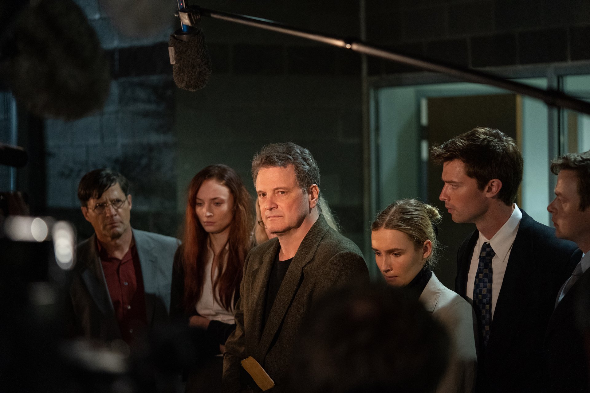 Michael's brother (Time Guinee), Margaret Ratliff (Sophie Turner), Michael Peterson (Colin Firth), Caitlin (Olivia DeJonge), Todd (Patrick Schwarzenegger) in HBO Max's 'The Staircase'