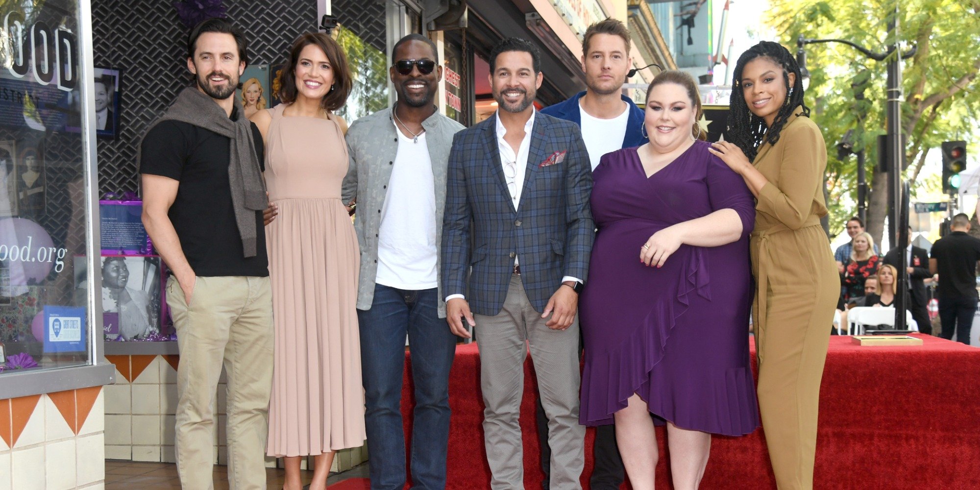 The cast of 'This Is Us' Sterling K Brown, Susan Kelechi Watson, Milo Ventimiglia, Mandy Moore, Justin Hartley, Chrissy Metz, and Jon Huertas.