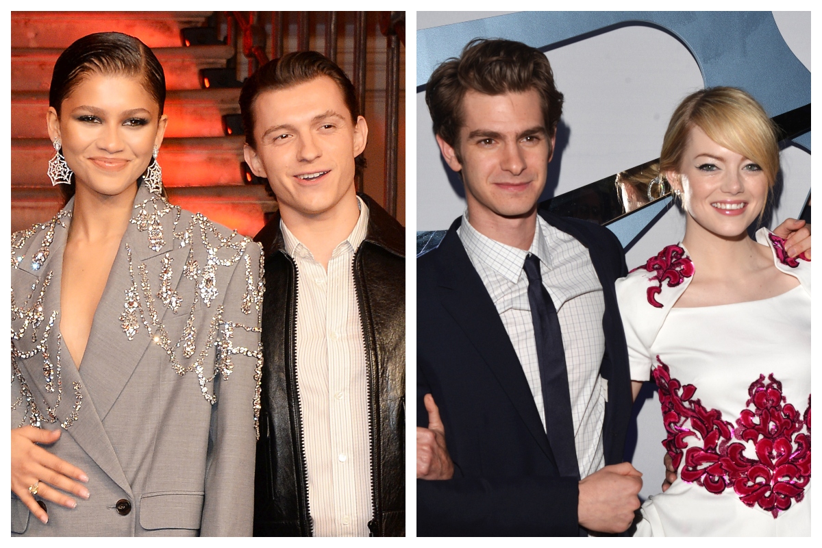 composite image of Tom Holland and Zendaya, and Andrew Garfield and Emma Stone