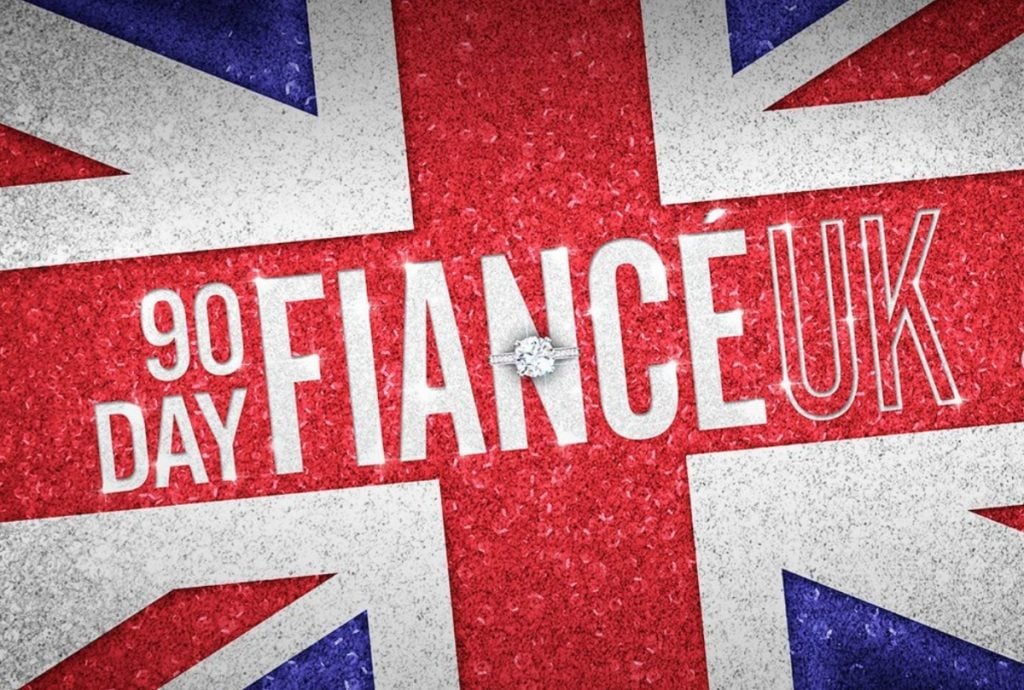 „90 Day Fiancé UK“-Logo oben auf der britischen Flagge für Discovery+ UK-Promo.