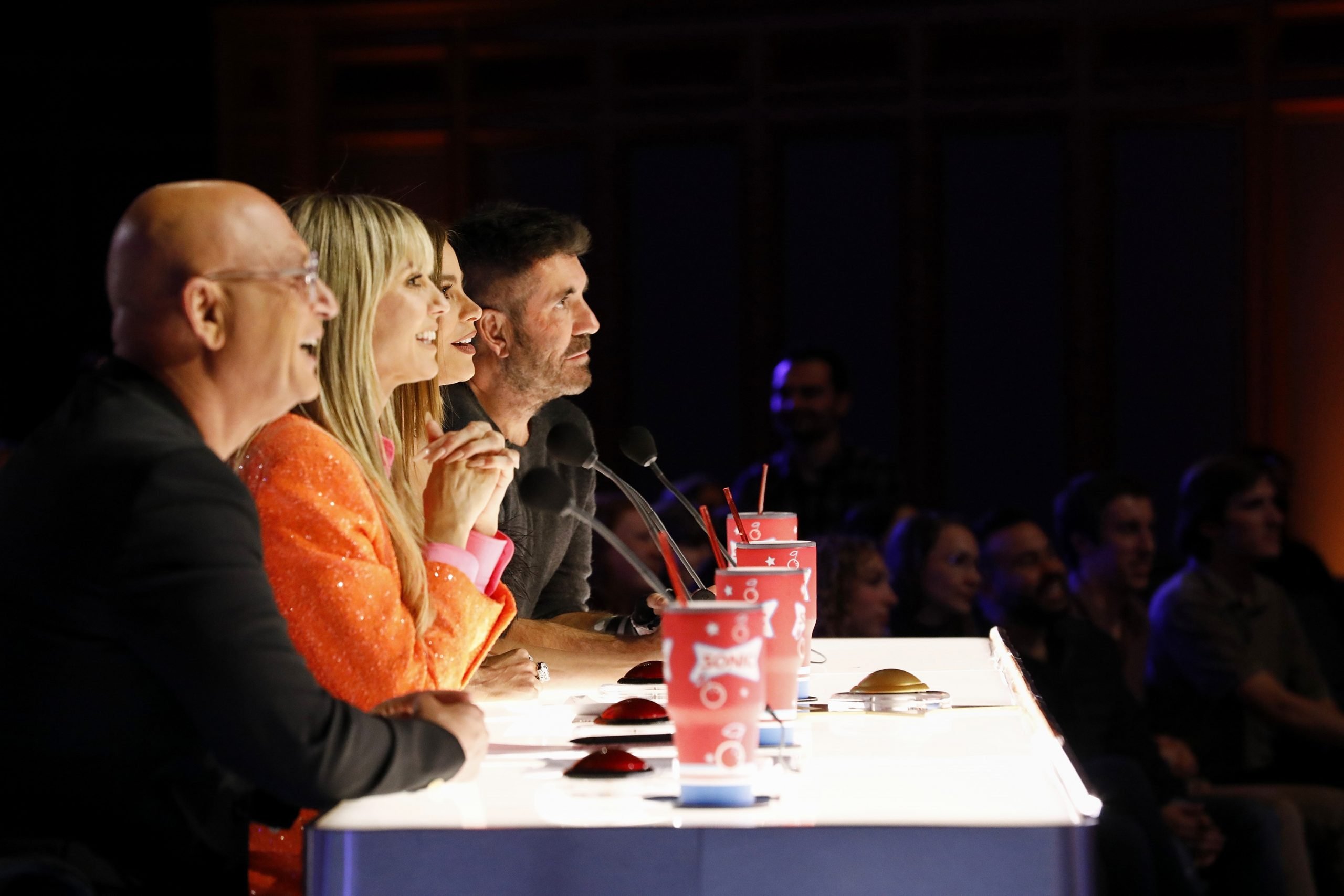 'AGT' Season 17 judges Howie Mandel, Heidi Klum, Sofia Vergara, Simon Cowell watching a performance