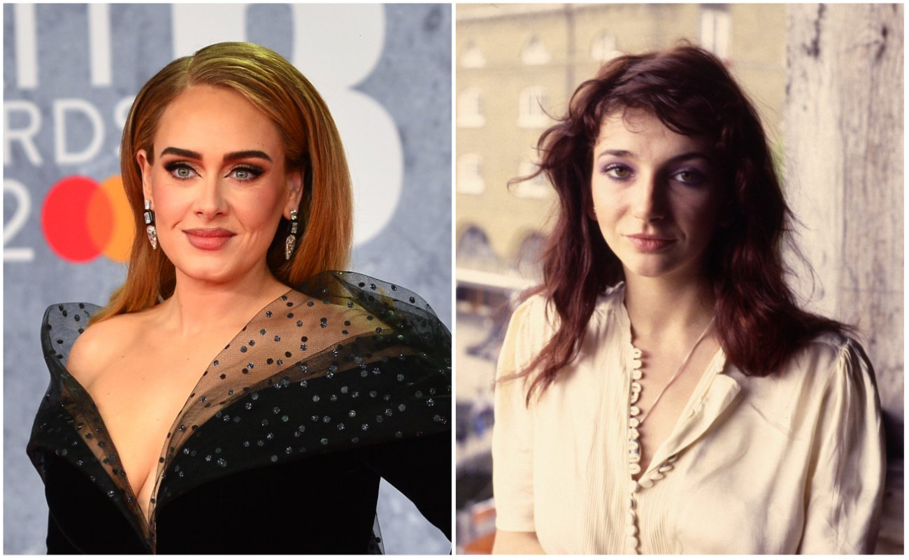 Adele at the 2022 BRIT Awards. Kate Bush posing outside in 1978.