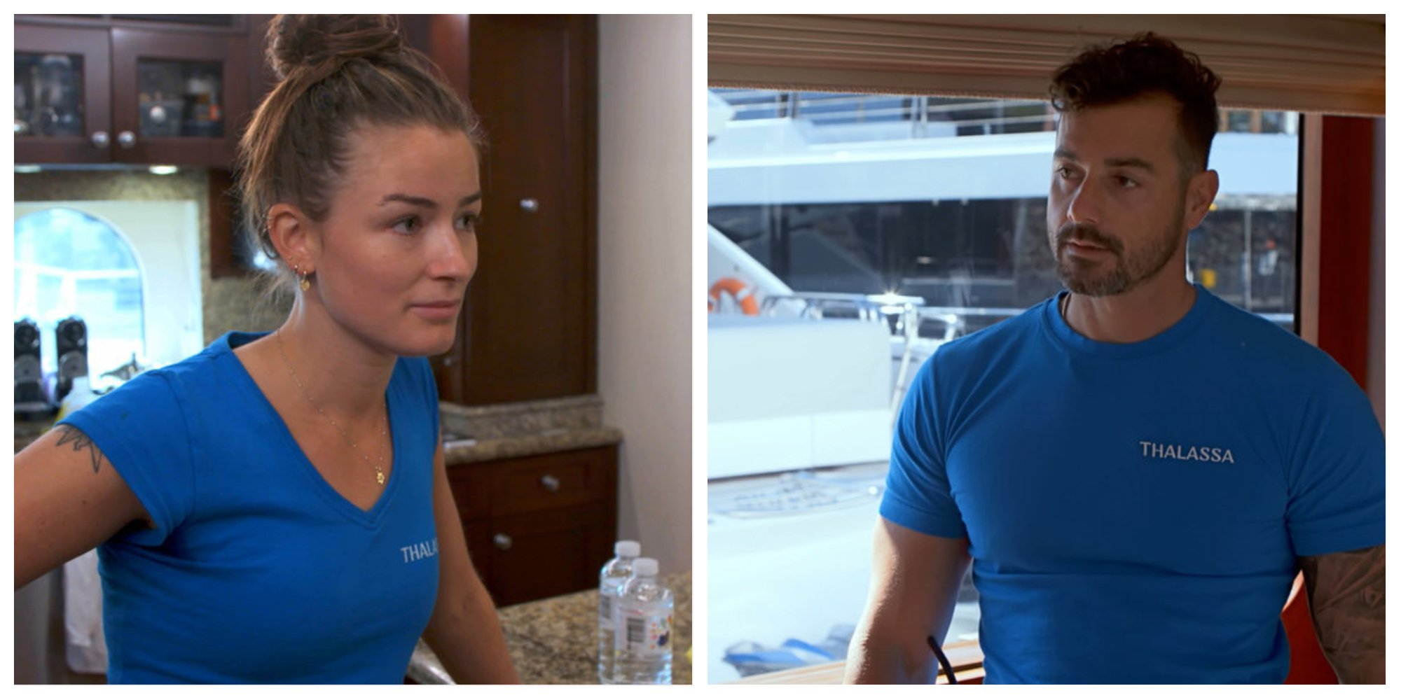 Aesha Scott and Jamie Sayed from 'Below Deck Down Under' listen to a crew member 