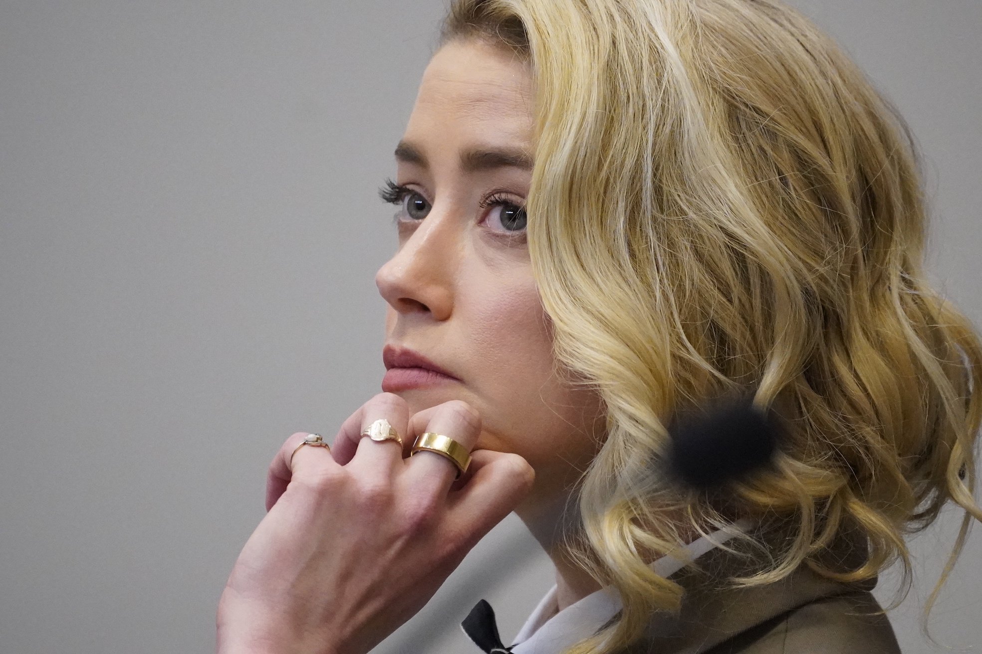 A close-up of Amber Heard during the Johnny Depp and Amber Heard trial