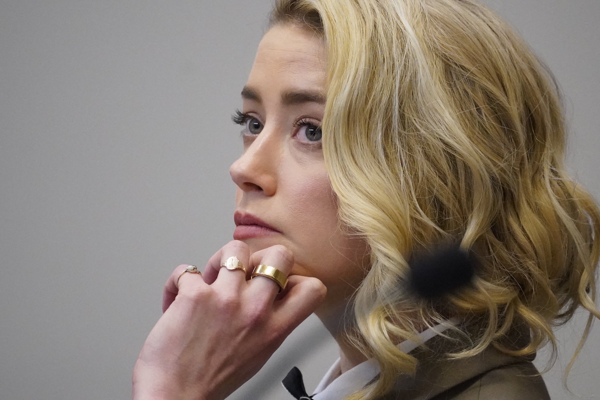 A close-up of Amber Heard during the Johnny Depp and Amber Heard trial