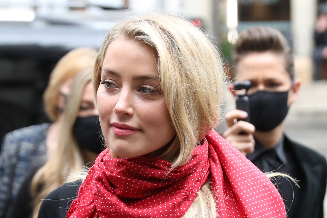 A close-up of Amber Heard outside of the Johnny Depp defamation trial
