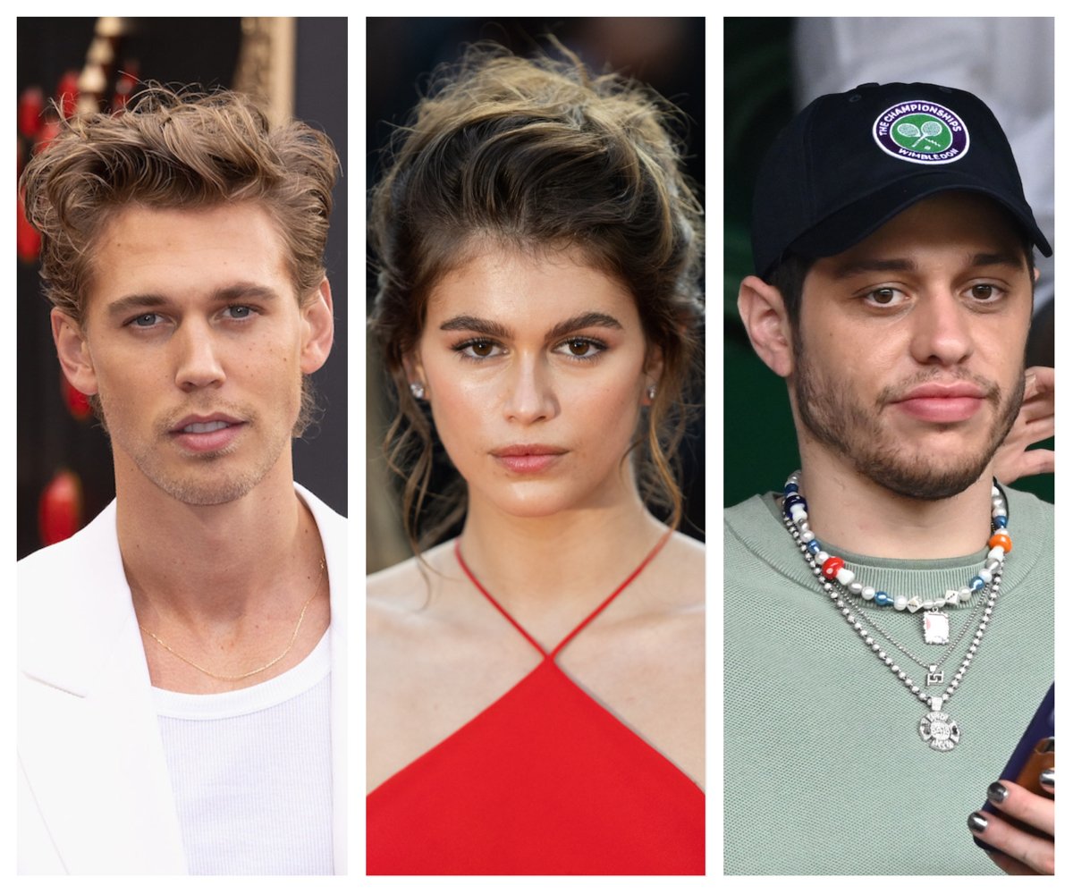 Side by side photos of Austin Butler, Kaia Gerber, and Pete Davidson.