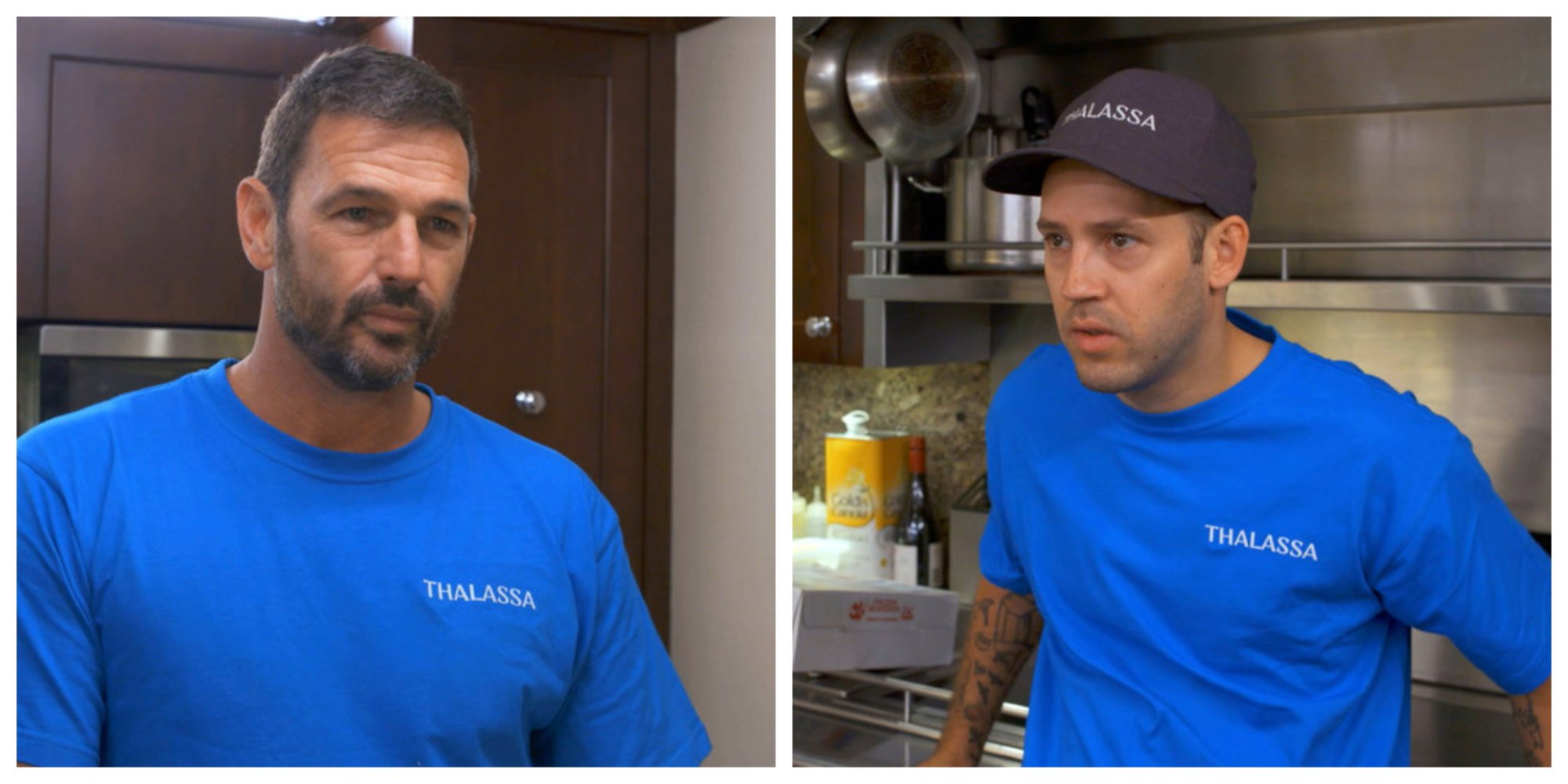 Captain Jason Chambers talks to a crew member. Chef Ryan McKeown listens to direction in the 'Below Deck Down Under' kitchen