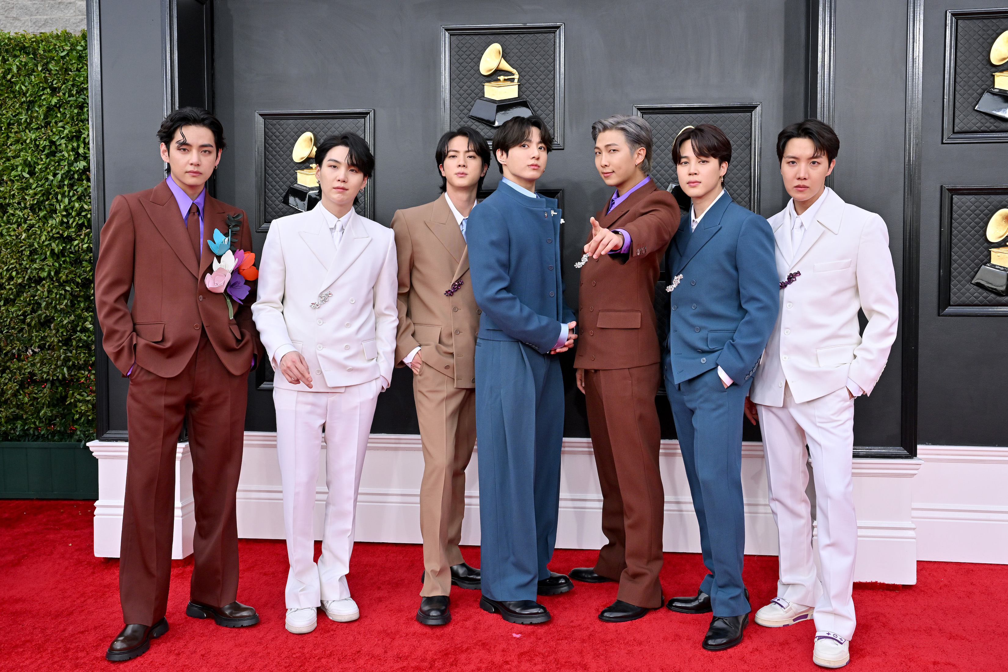 V, Suga, Jin, Jungkook, RM, Jimin, and J-Hope of BTS attends the 64th Annual GRAMMY Awards