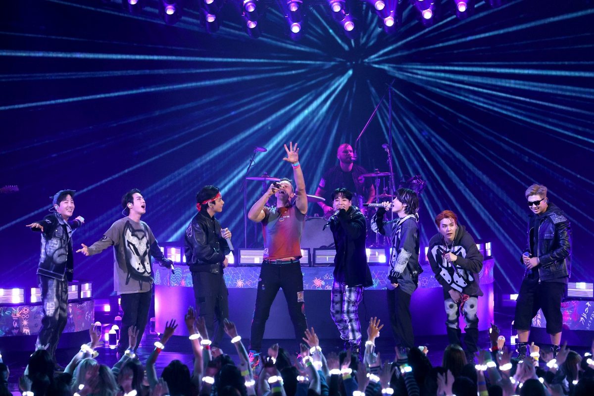 J-Hope, Jin, V, Jungkook, Jimin, Suga, and RM of BTS perform with Coldplay at the 2022 American Music Awards