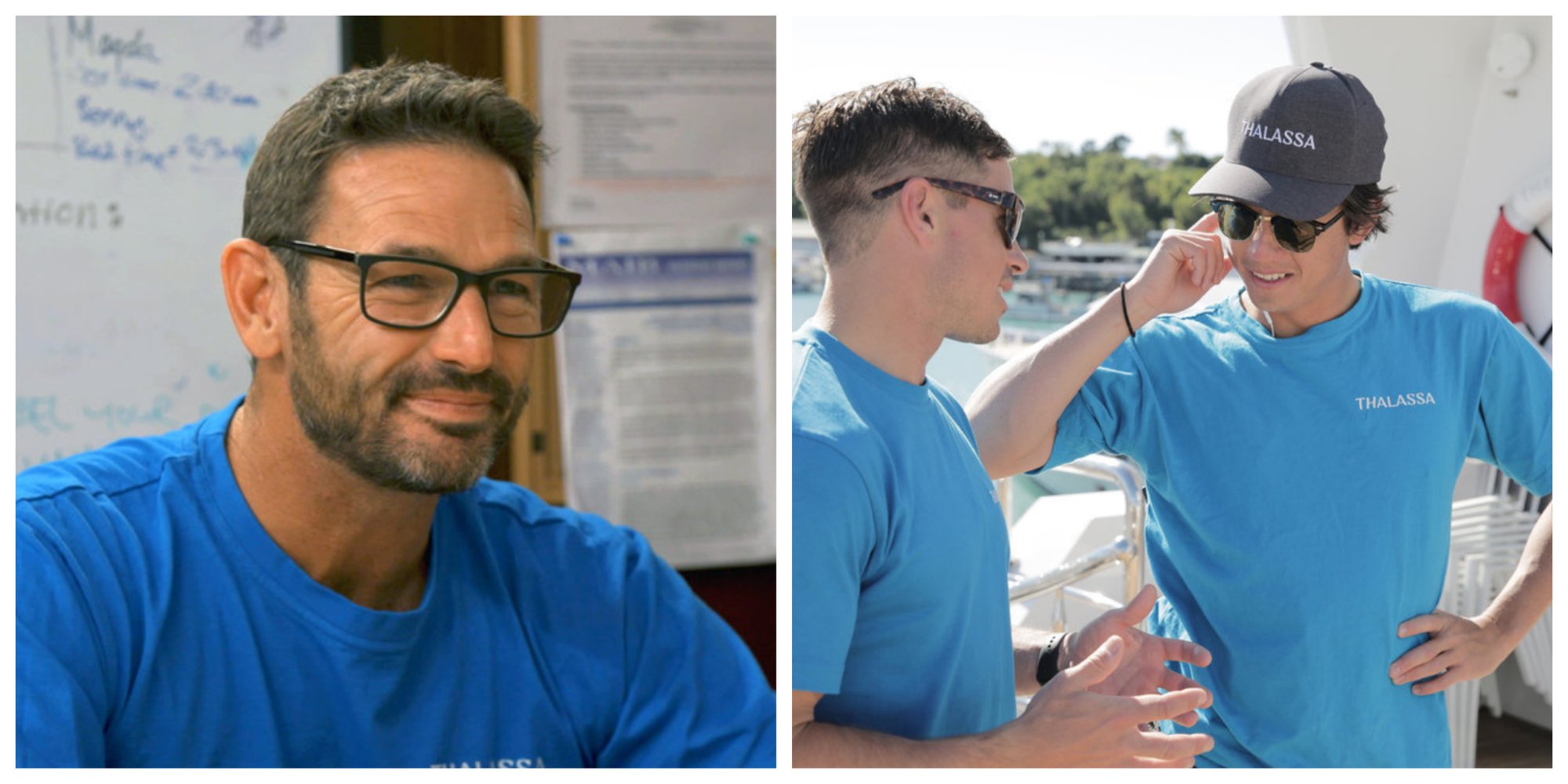 Captain Jason Chambers smiles at a crew member in the crew mess. Culver Bradbury explains something to Benny Crawley on 'Below Deck Down Under'