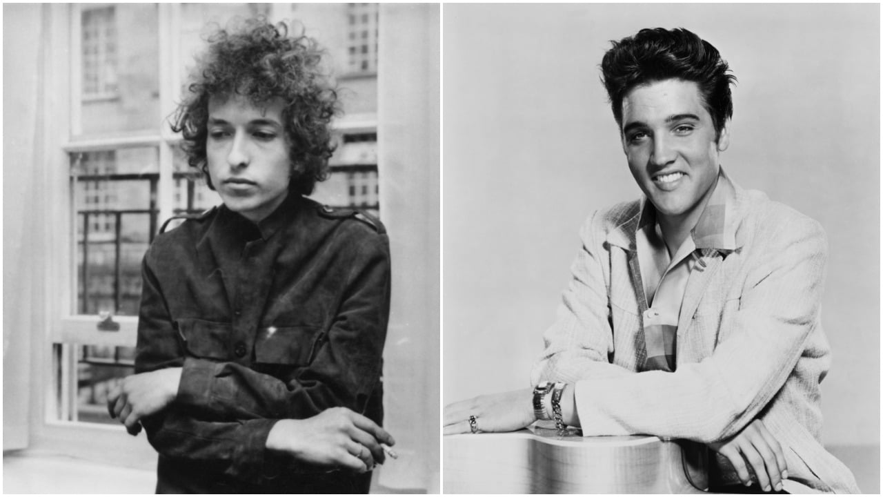 A black and white photo of Bob Dylan standing with a cigarette. A black and white photo of Elvis with his arms resting on his guitar.