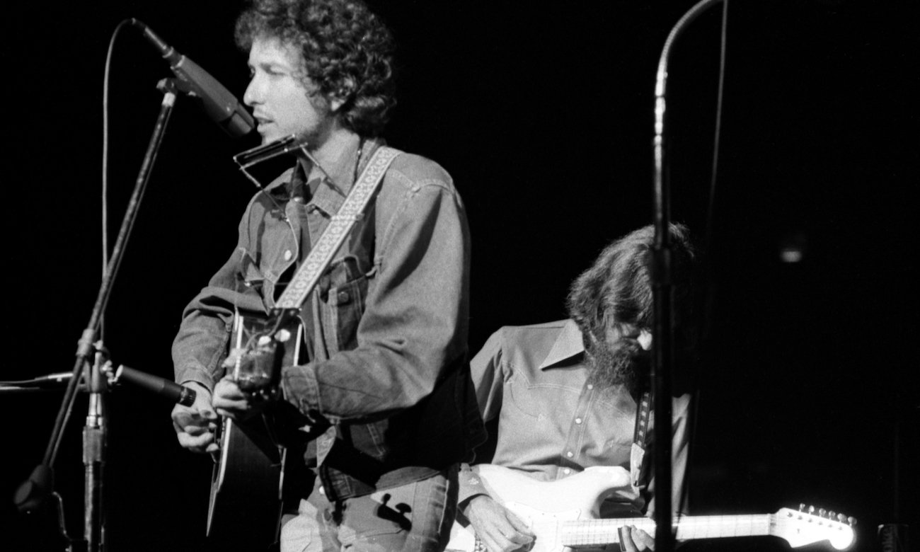 Bob Dylan and George Harrison performing during the Concert for Bangladesh. 