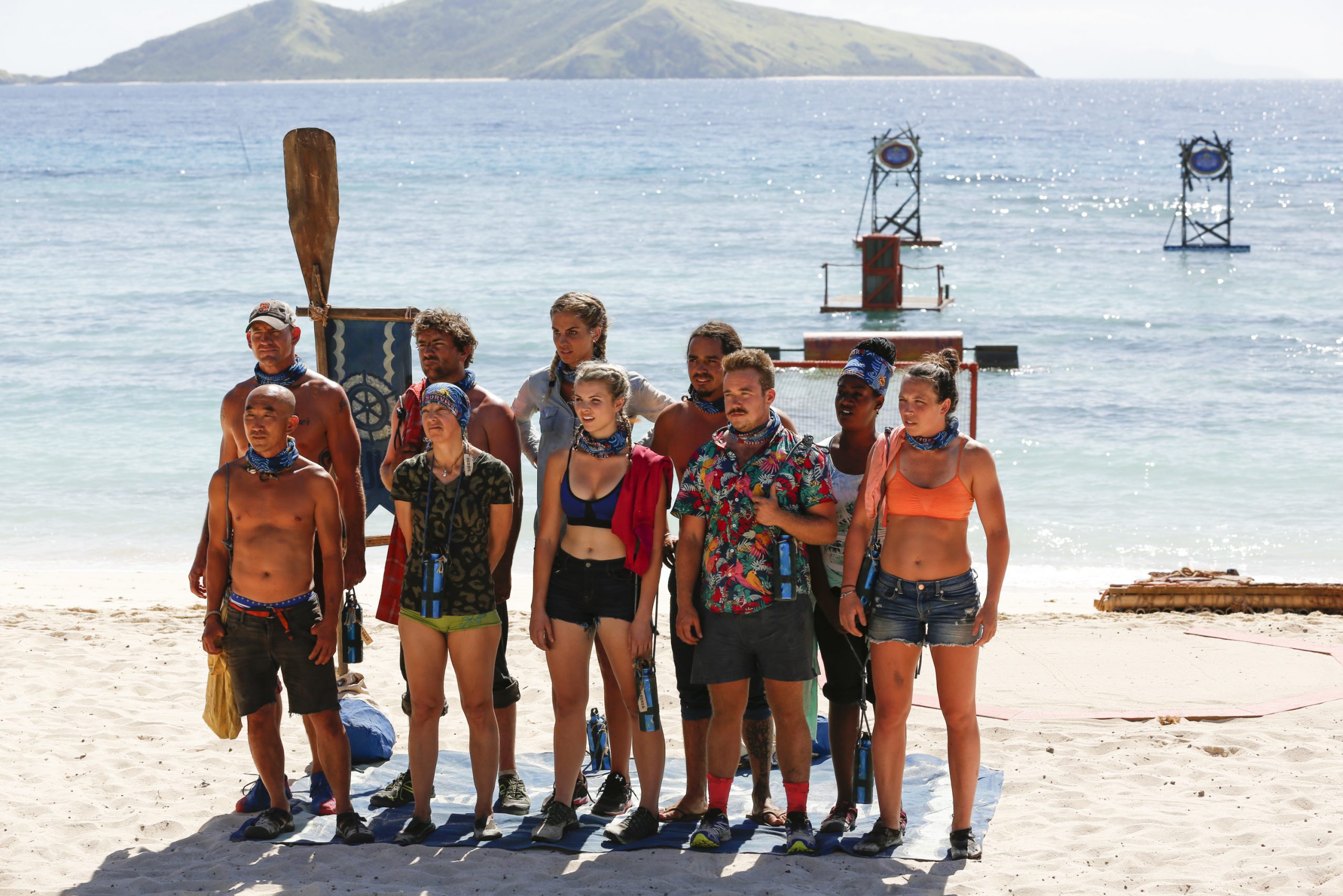 Brad Culpepper, Tai Trang, Malcolm Freberg, Debbie Wanner, James J.T Thomas, Sierra Dawn-Thomas, Andrea Boehlke, Oscar Ozzy Lusth, Zeke Smith, Cirie Fields and Sarah Lacina standing on the beach and waiting for a challenge