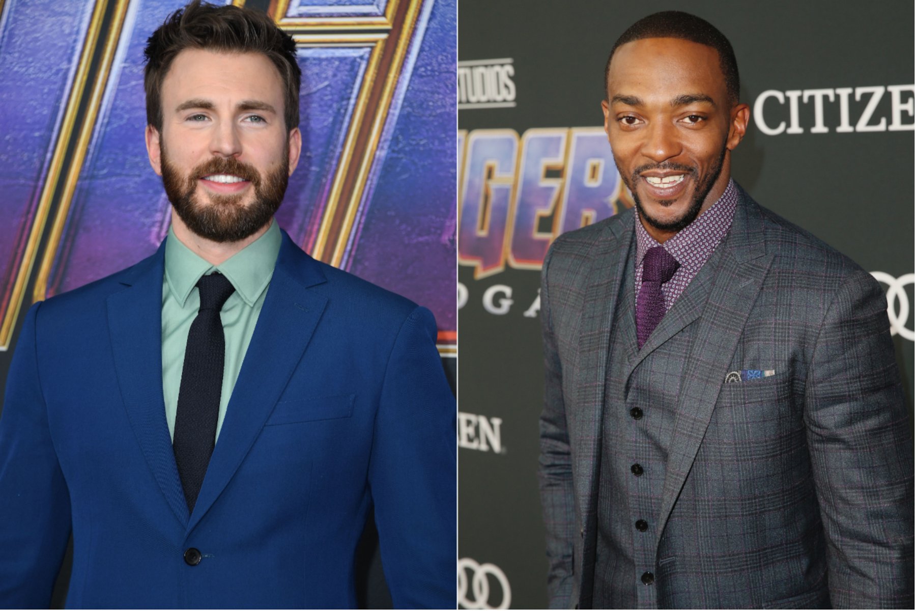 Captain America actors Chris Evans and Anthony Mackie. In the left image, Evans is wearing a light green shirt, blue suit, and black tie. In the right image, Mackie is wearing a purple shirt and tie and gray suit.