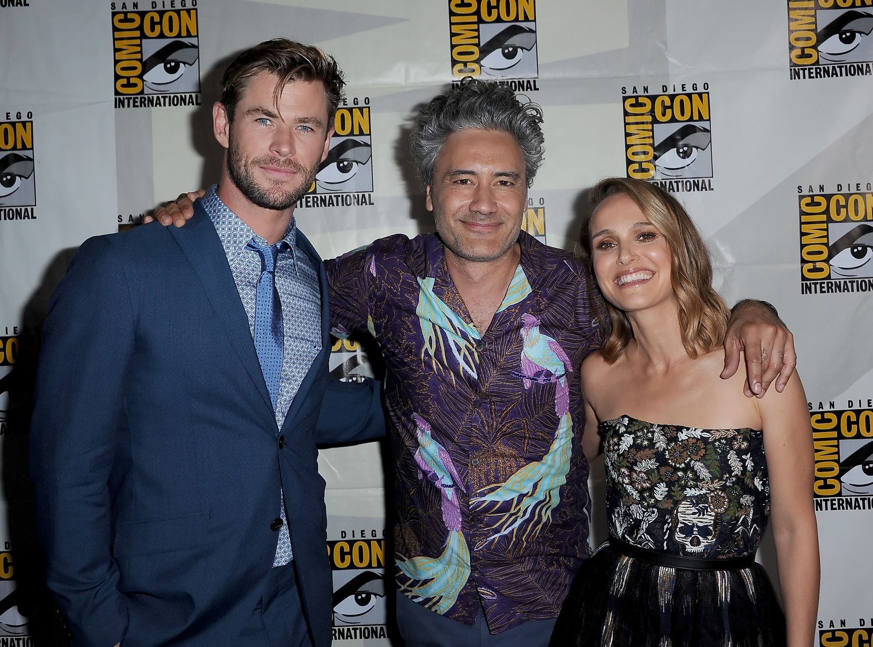 Chris Hemsworth, Taika Waititi, and Natalie Portman at the 2019 San Diego Comic-Con International