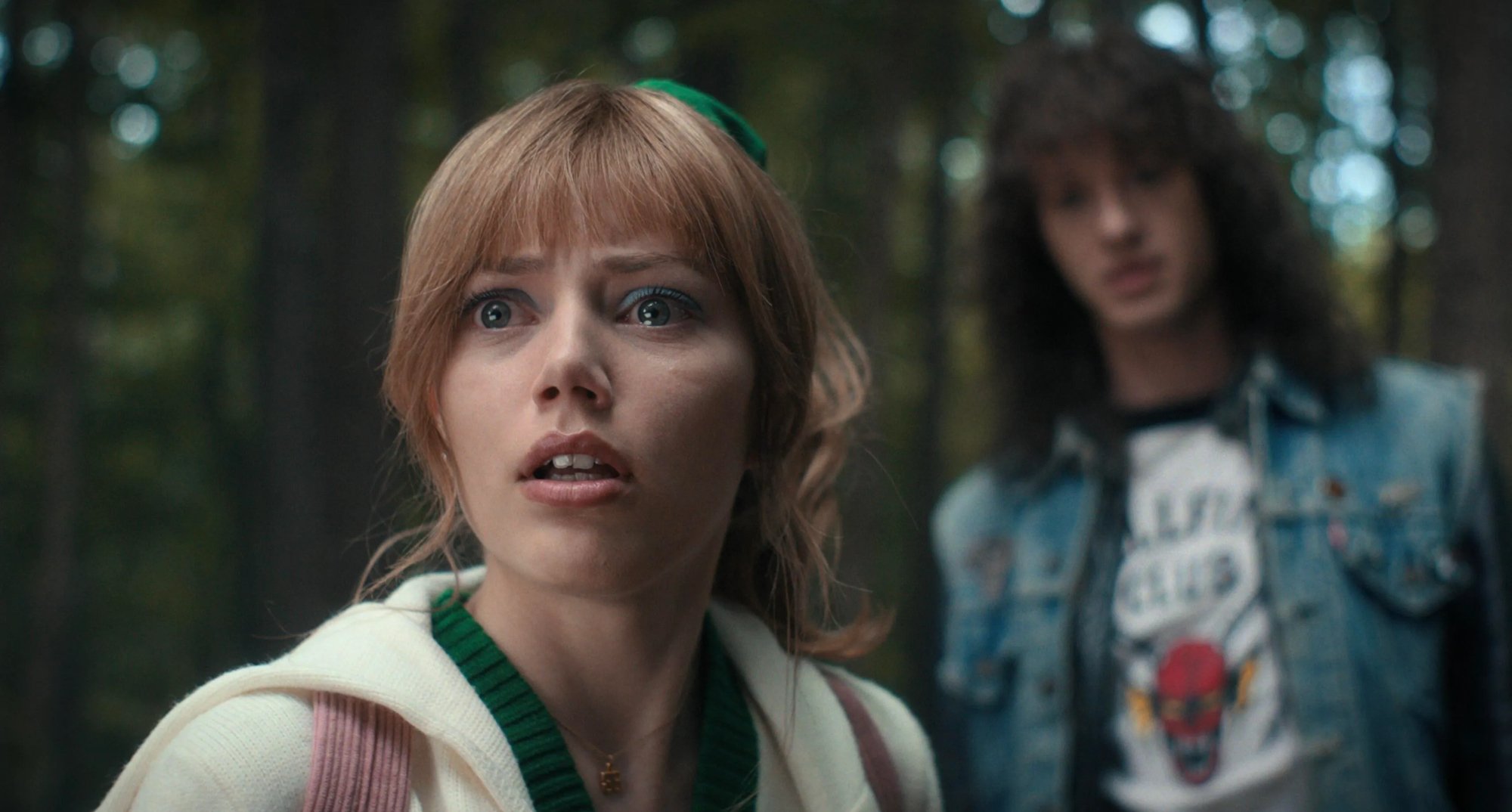 Chrissy and Eddie Munson in 'Stranger Things' Season 4 in the woods.