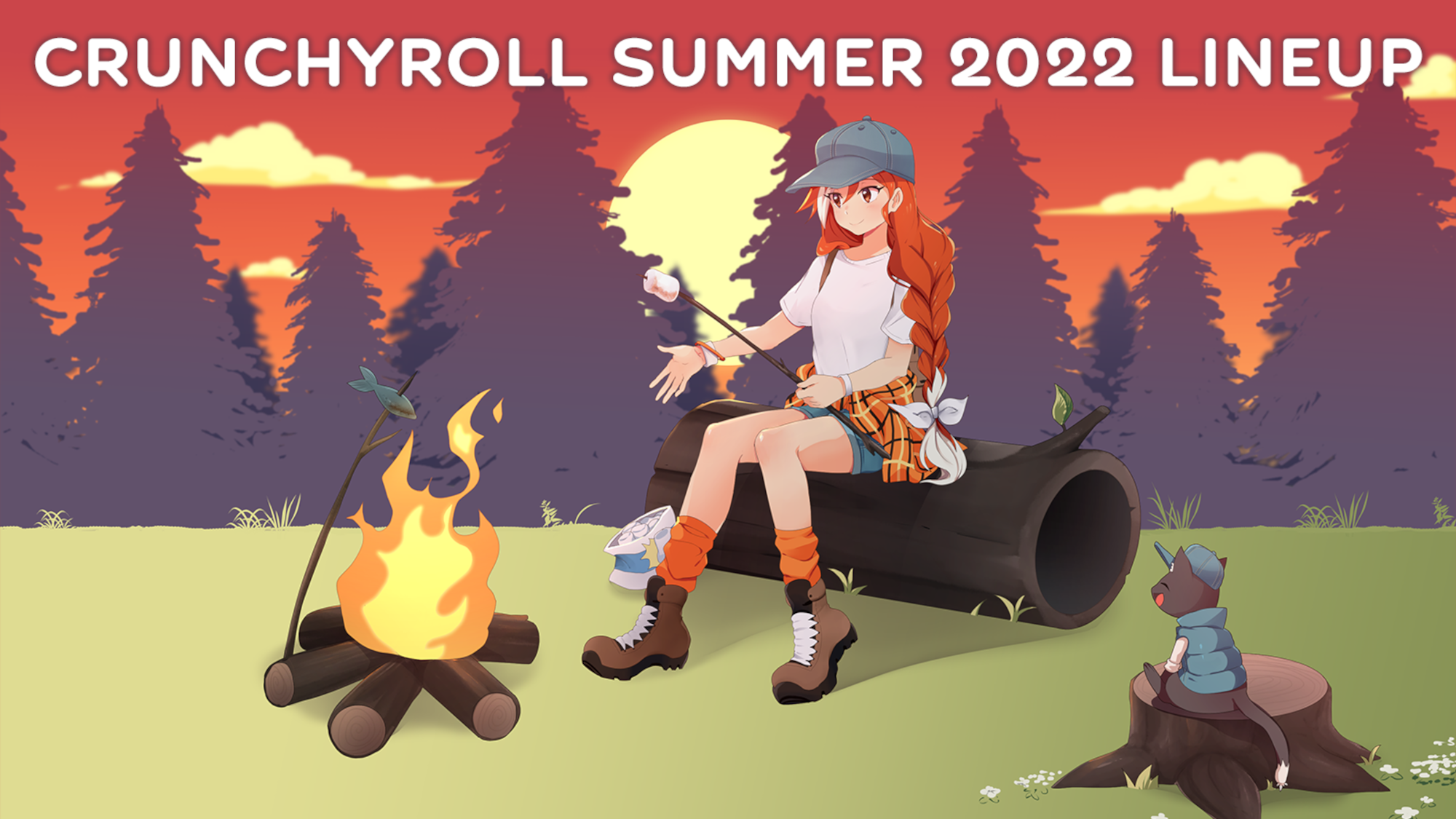 Key art for Crunchyroll's summer 2022 anime lineup. It features a girl with red, braided hair sitting on a log in front of a campfire.