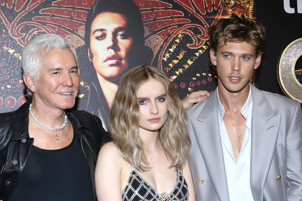 Baz Luhrmann, Olivia DeJonge, and Austin Butler pose for photos at the Canadian screening of Elvis