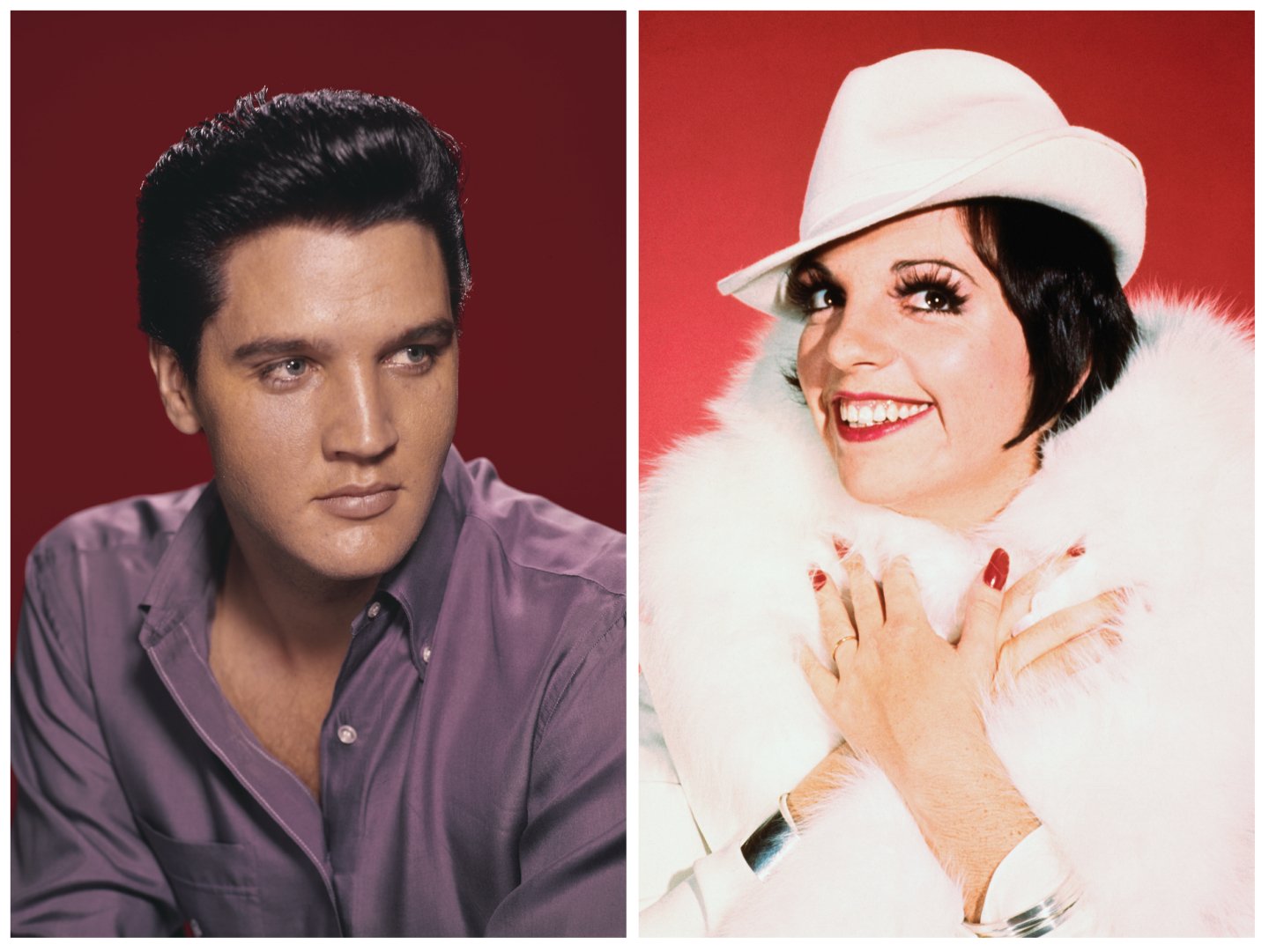 Elvis wears a purple shirt and poses in front of a red background. Liza Minnelli wears a white fur jacket and white hat and poses in front of a red background.