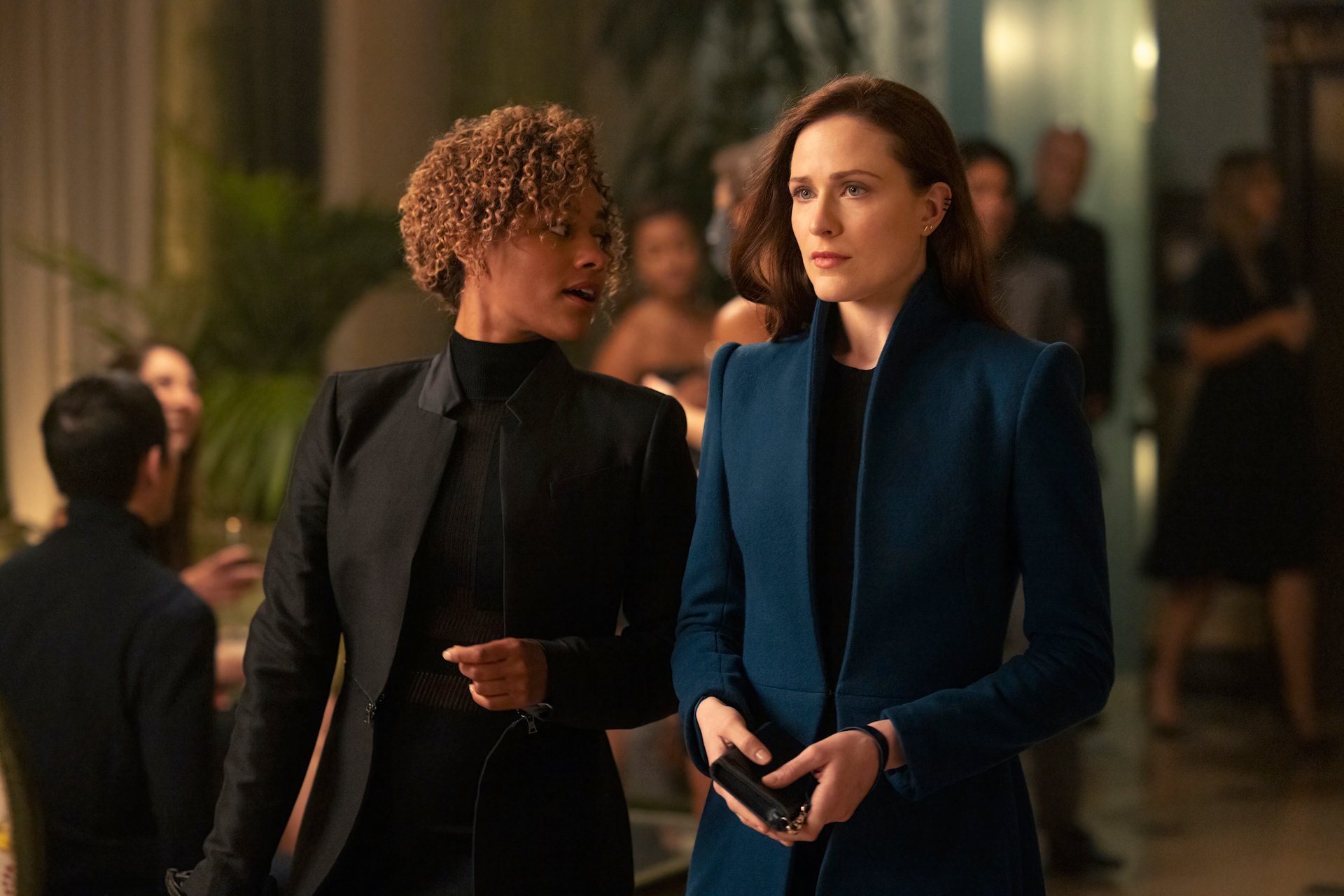 Evan Rachel Wood wearing a blue blazer at a party in 'Westworld' Season 4