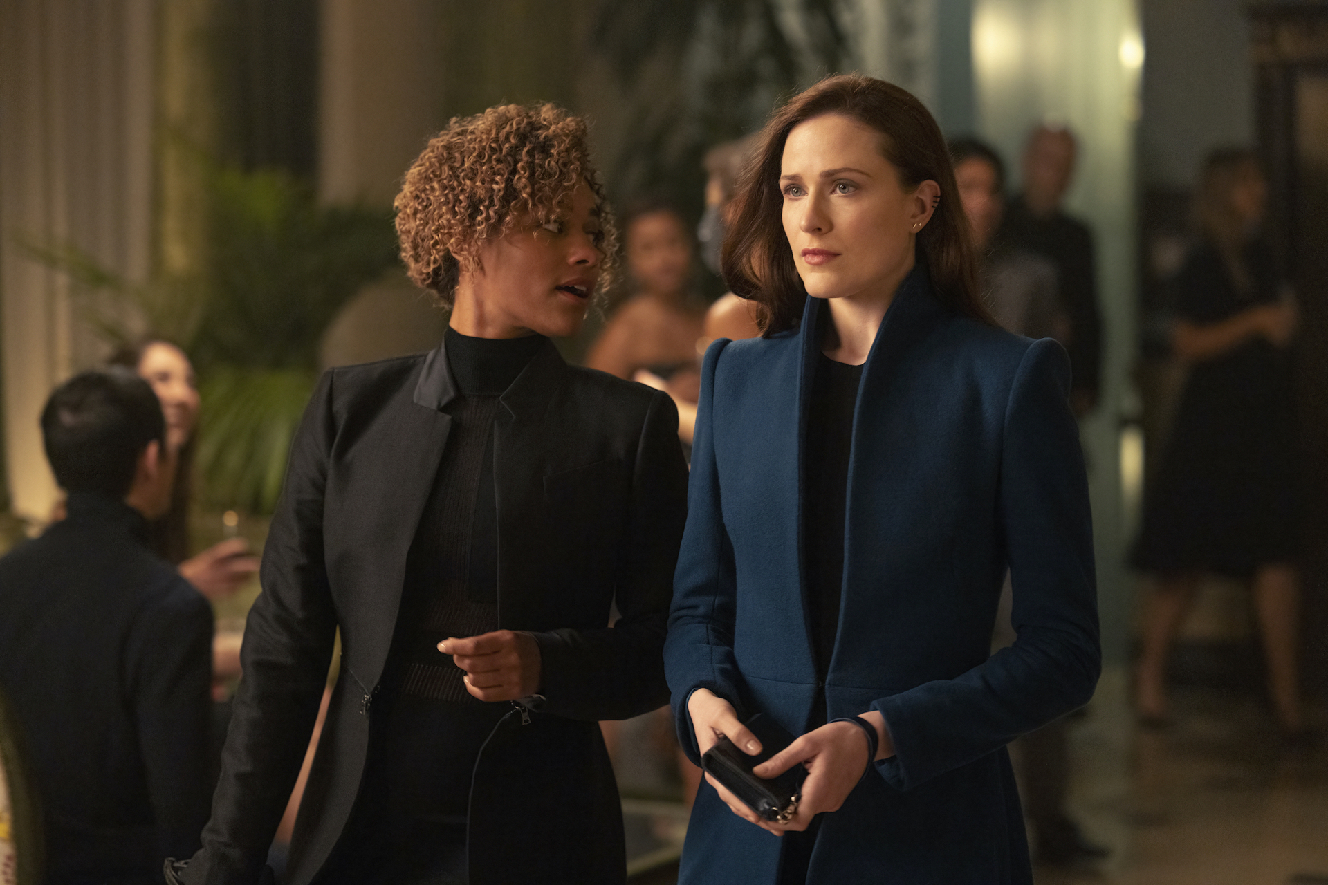Evan Rachel Wood wearing a blue blazer at a party in 'Westworld' Season 4