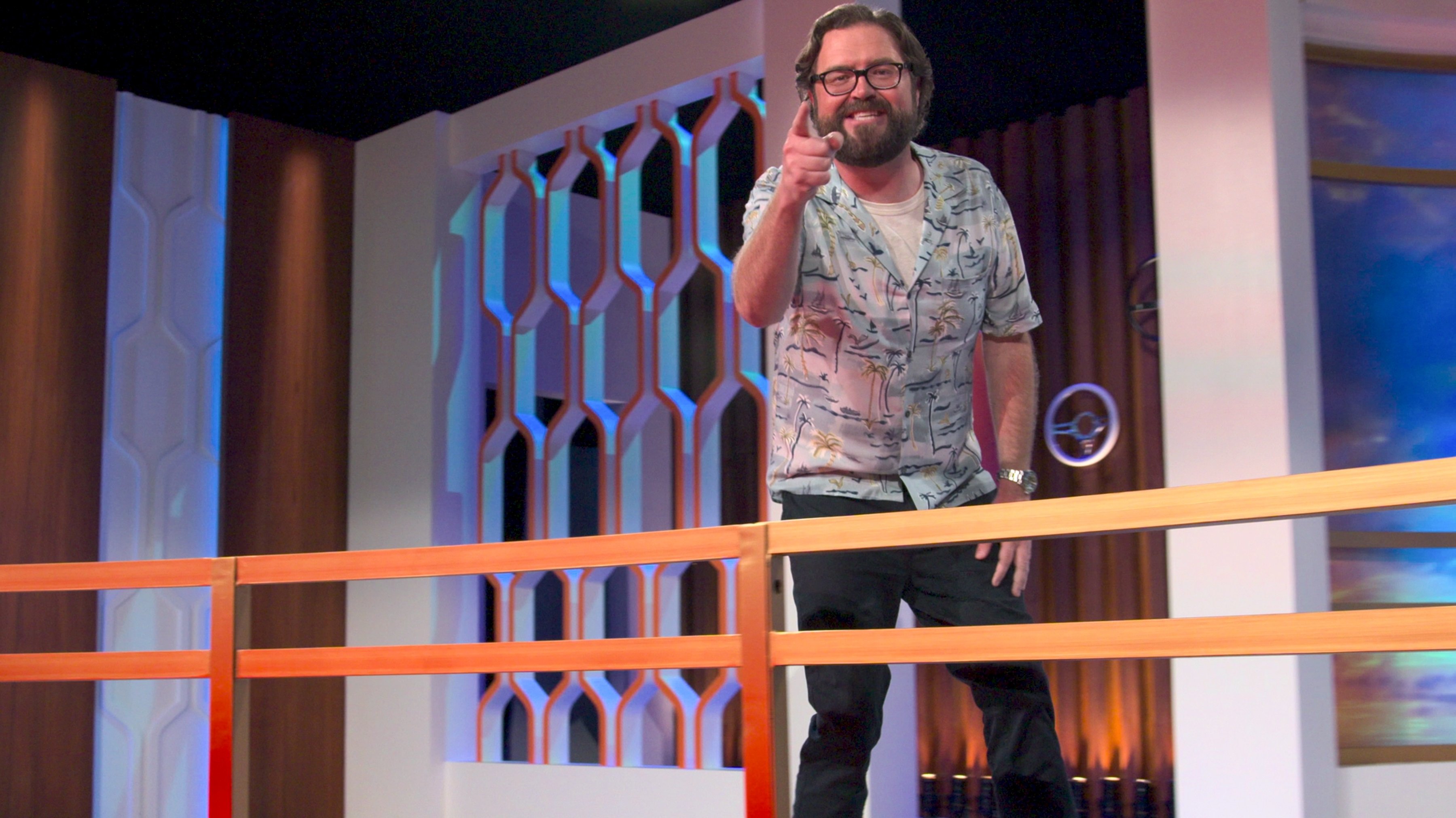 'Floor Is Lava' host Rutledge Wood pointing at the camera