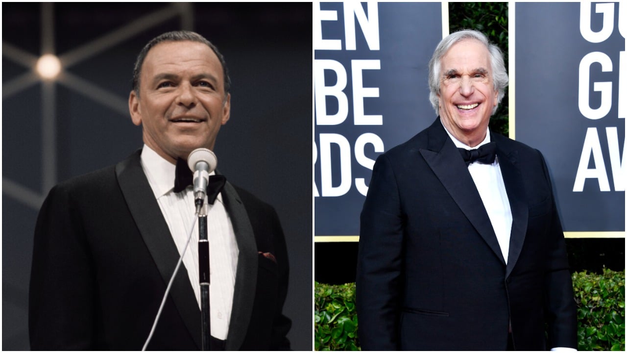 Frank Sinatra wears a tuxedo and stands in front of a microphone. Henry Winkler wears a tuxedo at the Golden Globes red carpet.