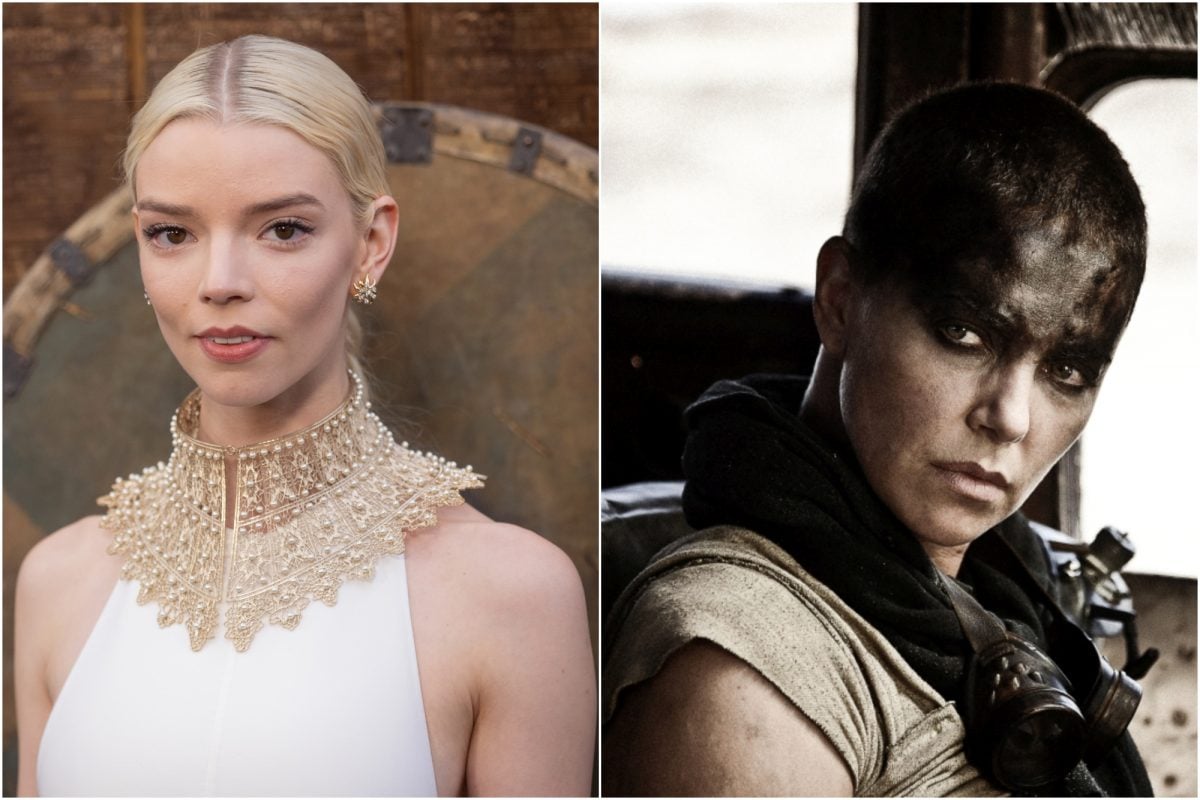 'Furiosa' star Anya Taylor-Joy and 'Mad Max_ Fury Road' actor Charlize Theron as Furiosa. The new 'Furiosa' plot revealed. Taylor-Joy wearing a white dress and large gold necklace. Theron in Furiosa costume with dark make-up.