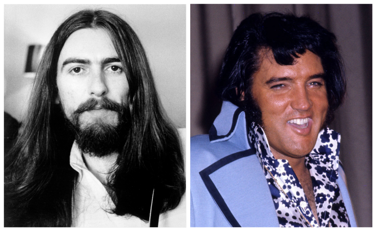 George Harrison with long hair in 1970 and Elvis Presley at the Hilton Hotel in New York in 1972.