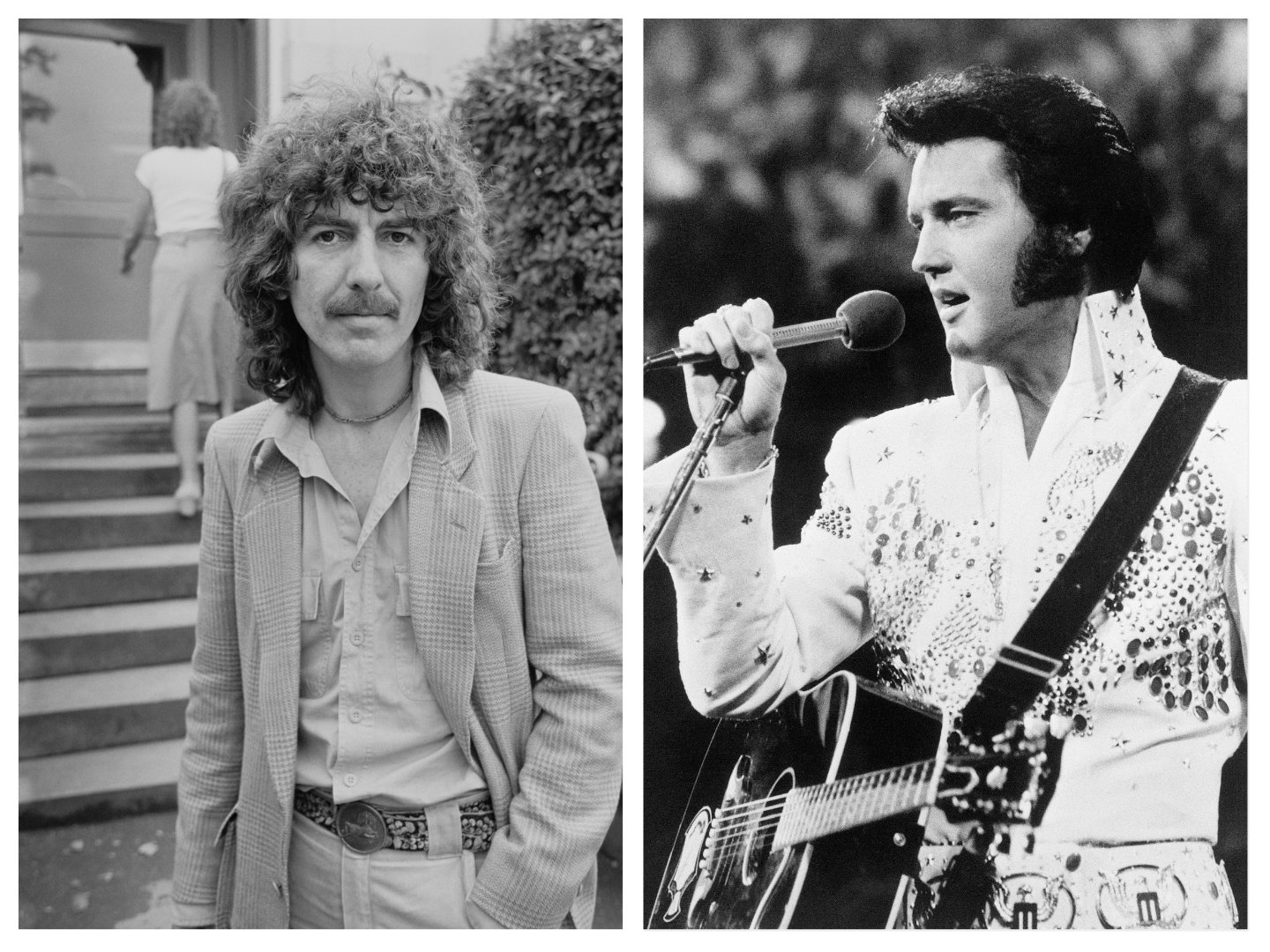 A black and white photo of George Harrison standing outside in front of stairs. Elvis holds a microphone and has a guitar across his chest.